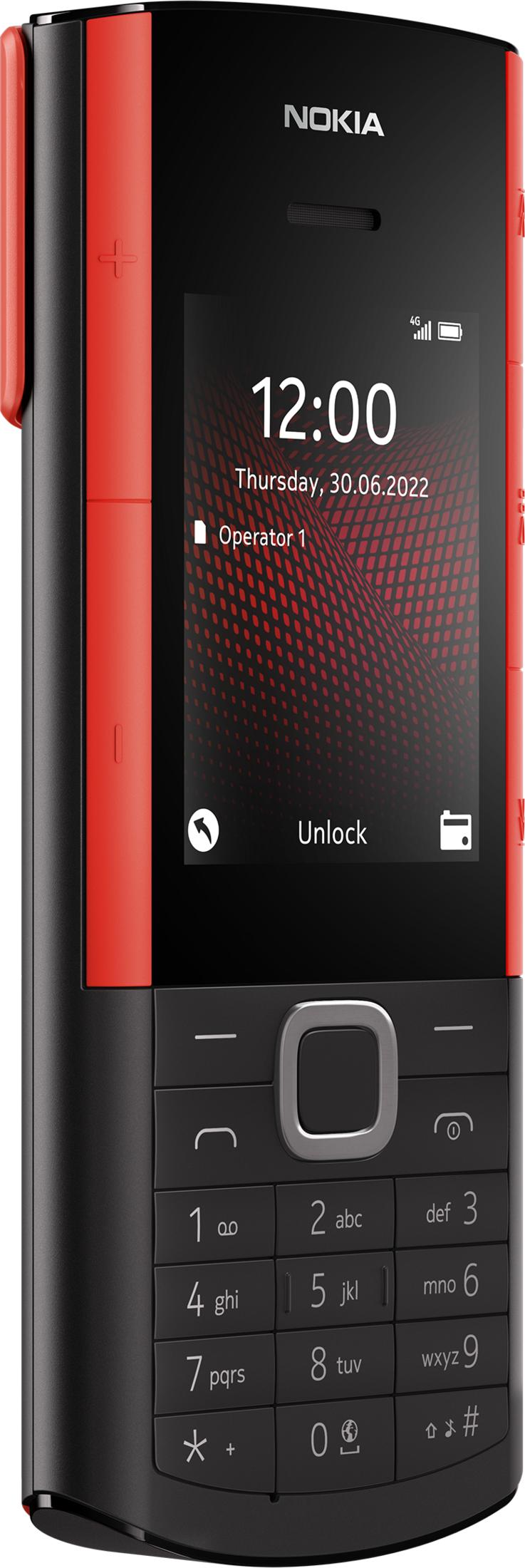 Ein schwarzes und rotes Nokia-Handy mit Tastatur und einem dunklen Bildschirm.