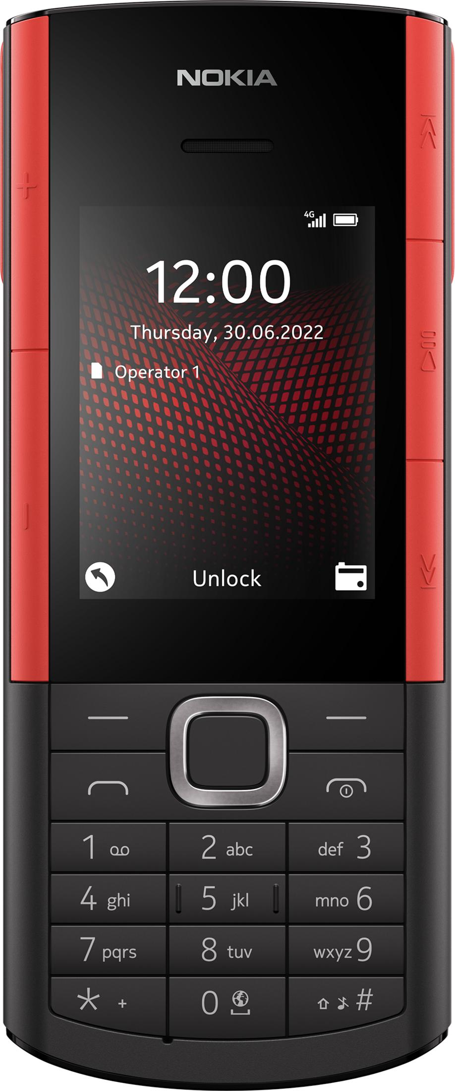 Ein rotes und schwarzes Nokia-Handy mit Tastenfeld und 4G-Anzeige.
