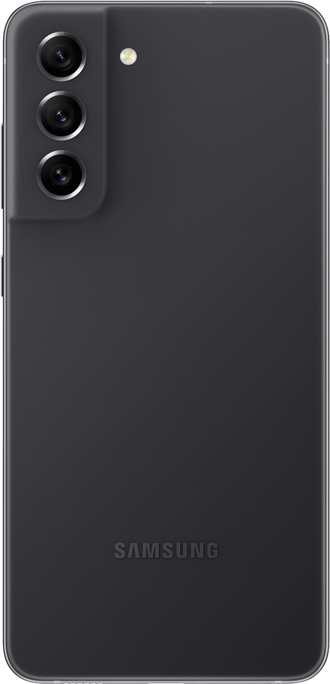 Parte posterior de un smartphone Samsung oscuro con tres cámaras y flash.