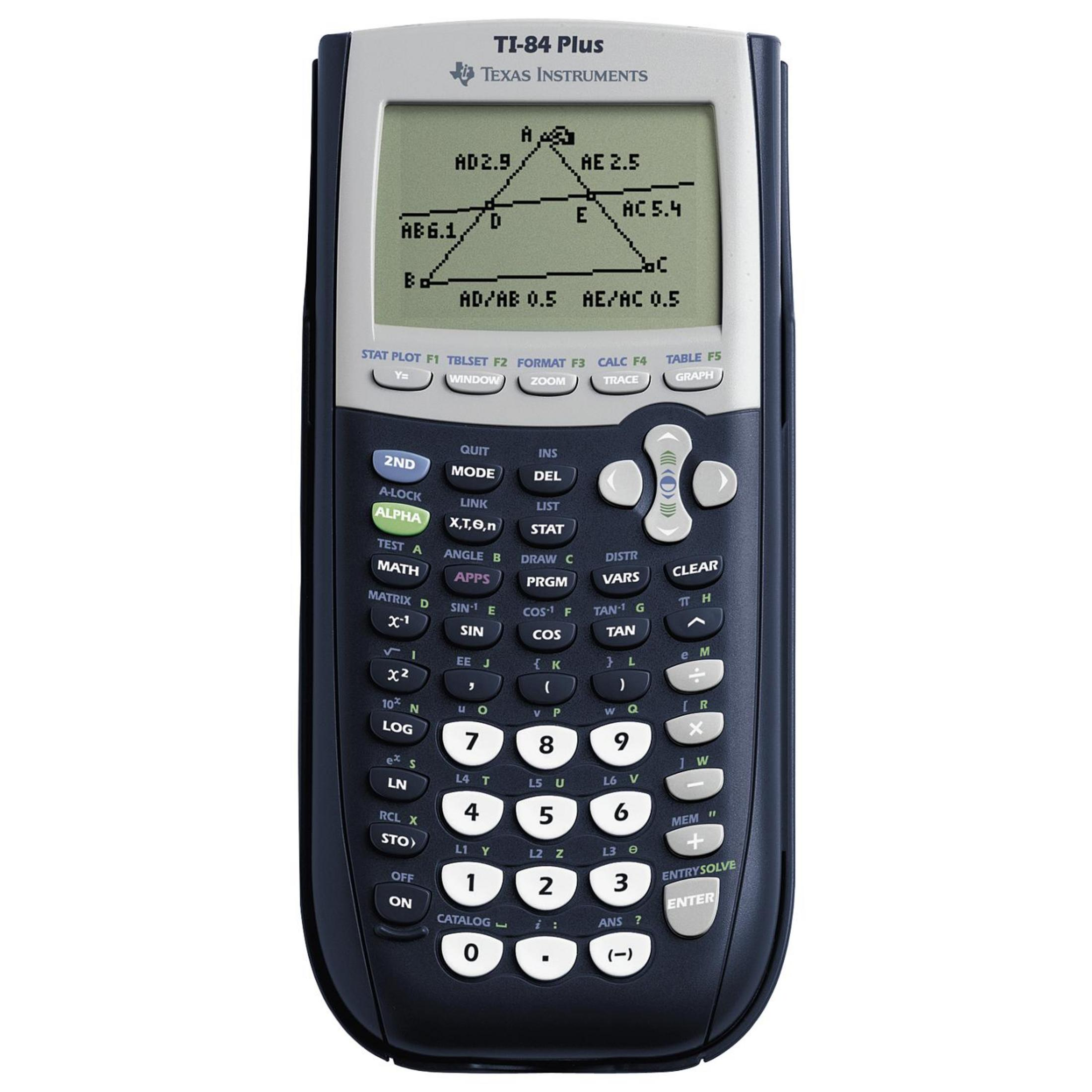 Ein Texas Instruments TI-84 Plus Taschenrechner mit einem geometrischen Diagramm auf dem Bildschirm.