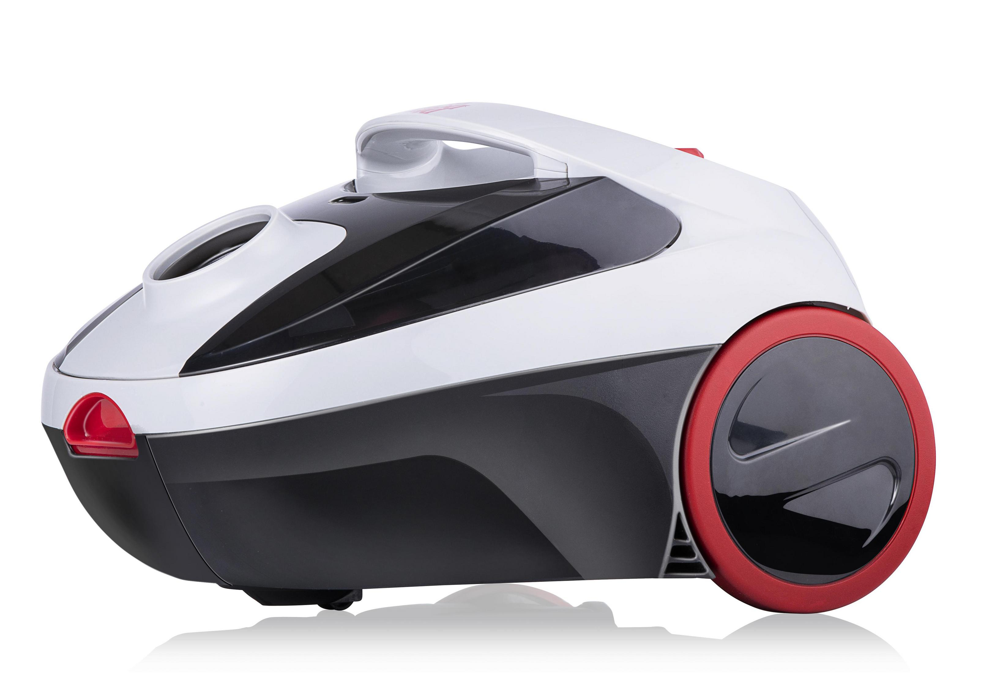 A white, black, and red vacuum cleaner is shown against a white background.