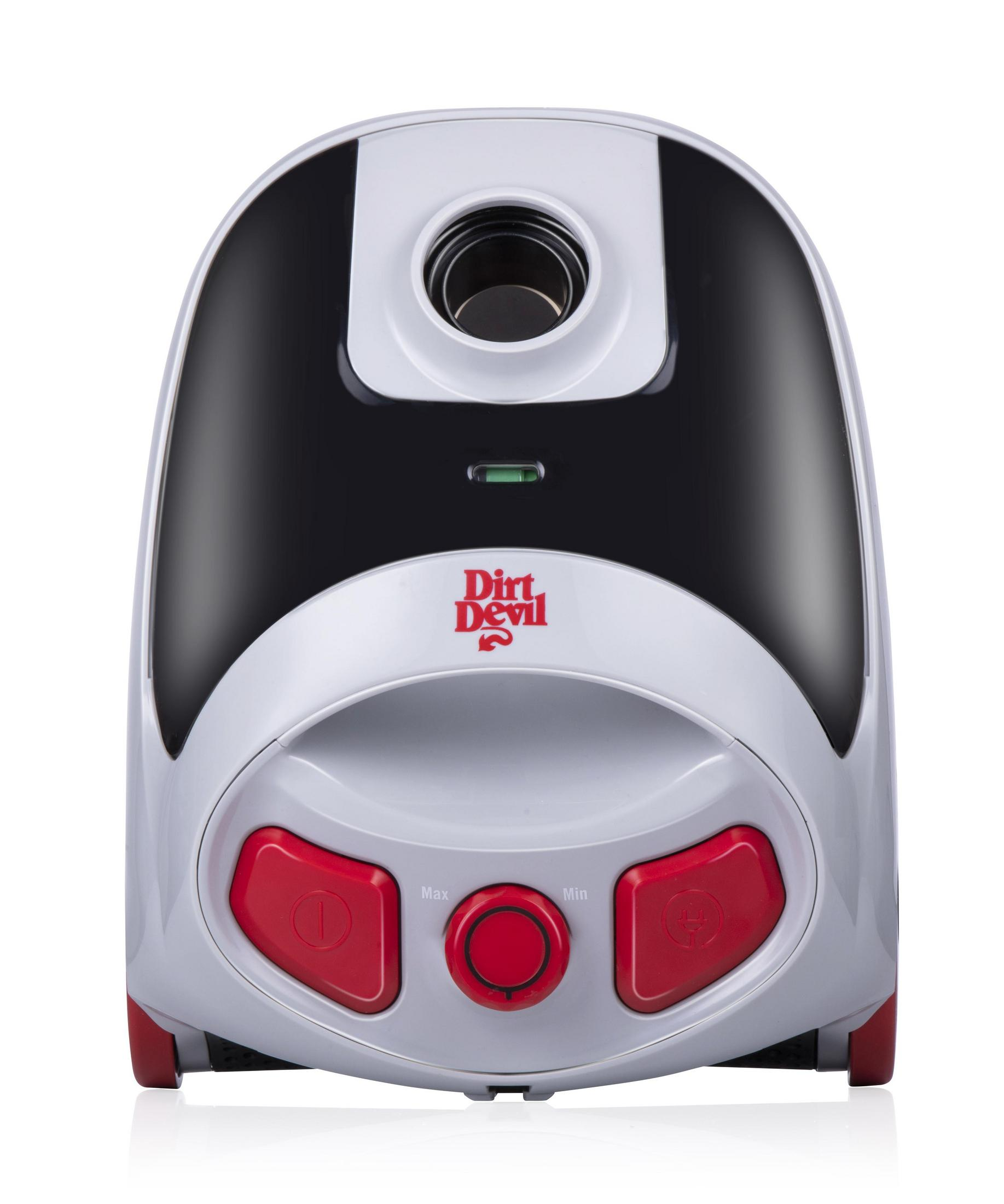 A white Dirt Devil vacuum cleaner with red buttons and a black top section.