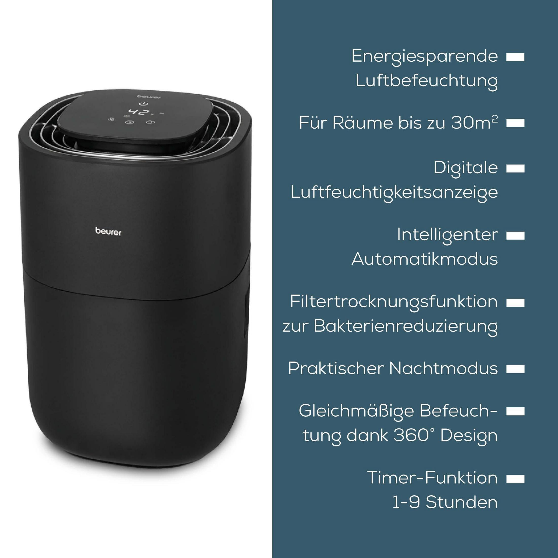 Un umidificatore Beurer nero con display digitale e funzioni.