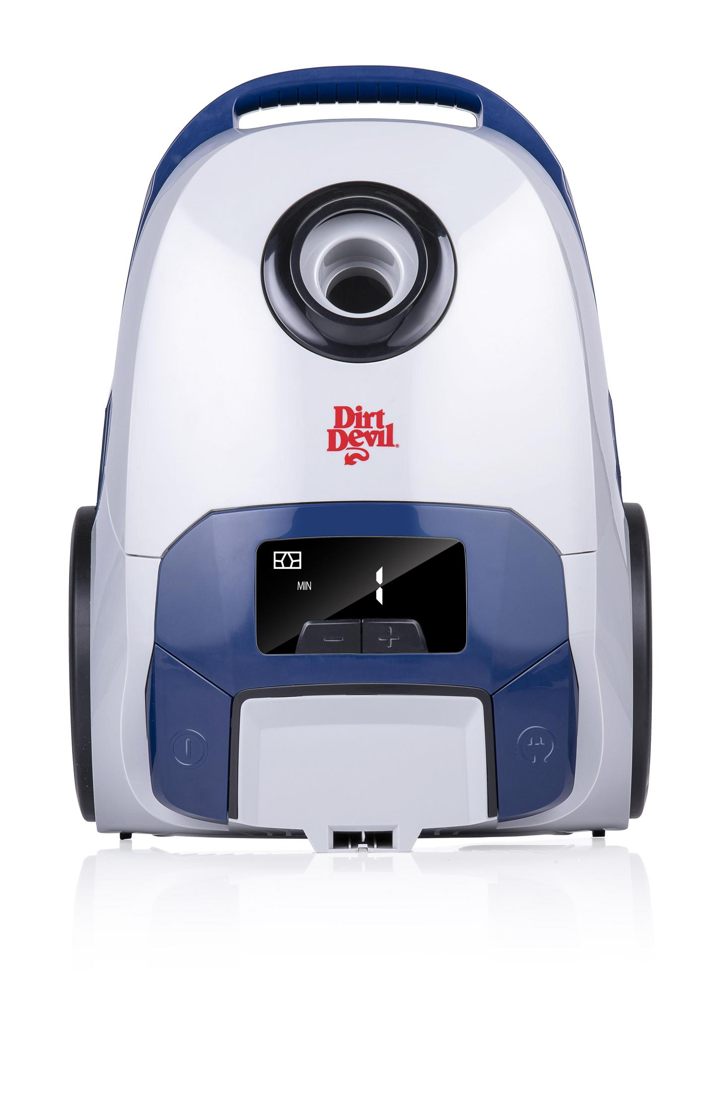 A white and blue Dirt Devil vacuum cleaner with a black handle and display.