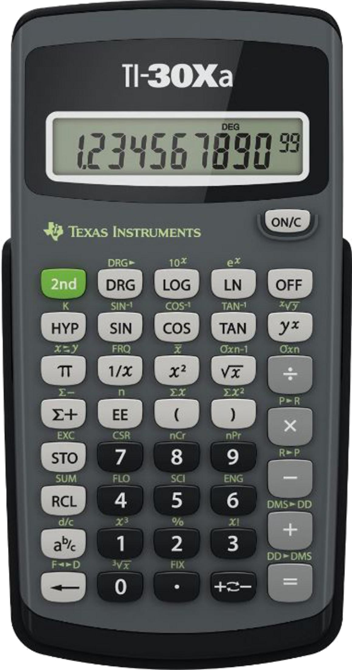 Een grijze Texas Instruments TI-30Xa rekenmachine met scherm en knoppen.