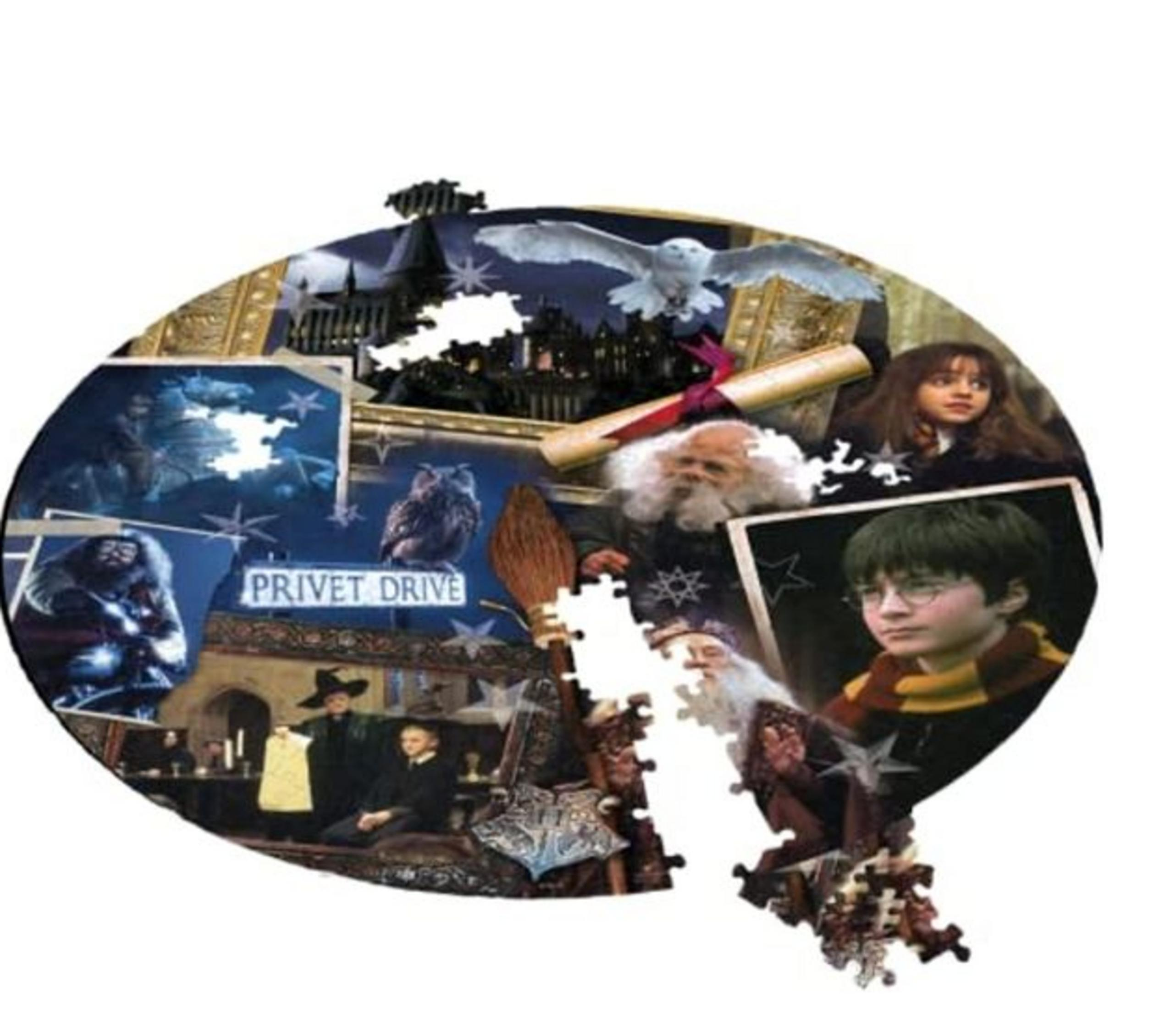 Collage aus Harry-Potter-Szenen: Hogwarts, Dumbledore, Harry, Hermine, Hagrid, Eule, Ligusterweg.