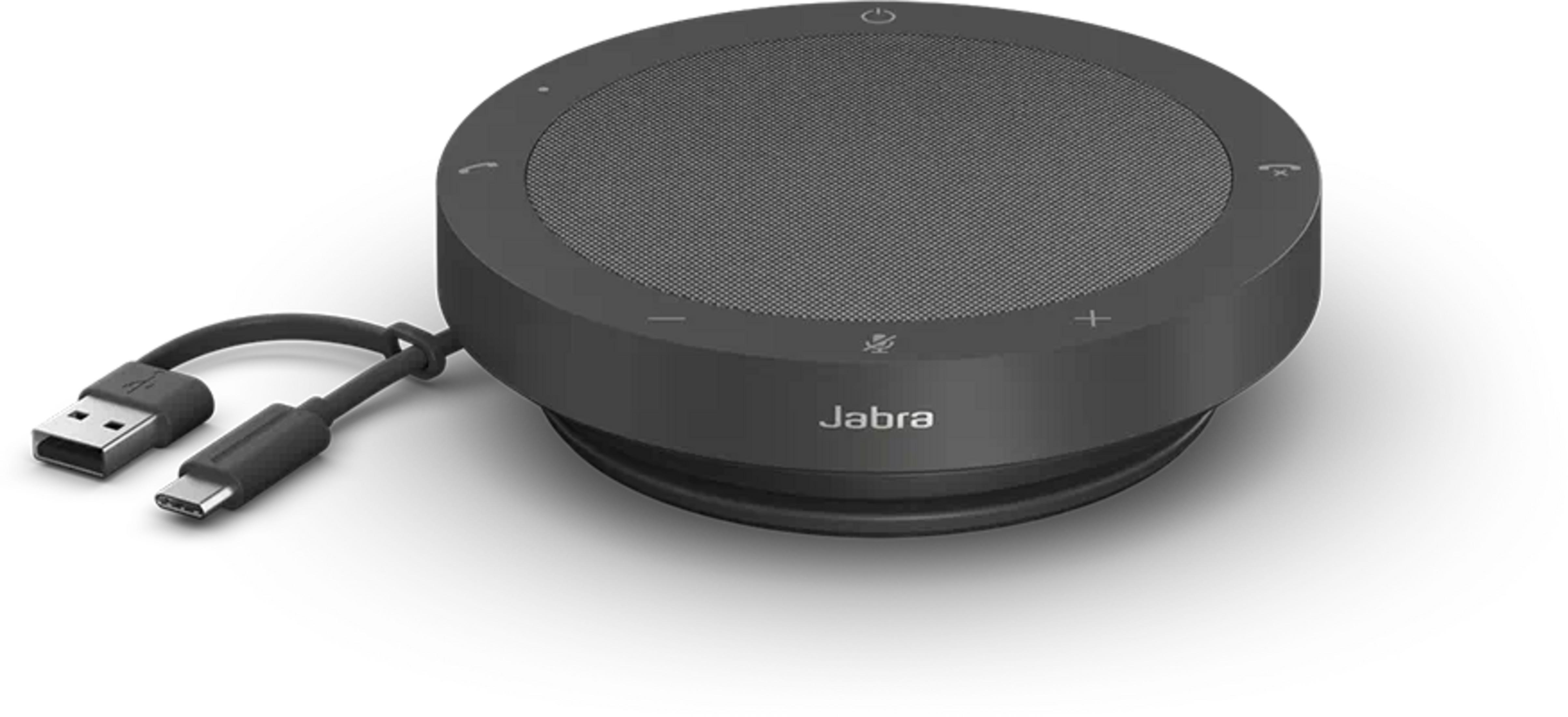Ein schwarzes Jabra Konferenztelefon mit USB-C und USB-A Kabel.