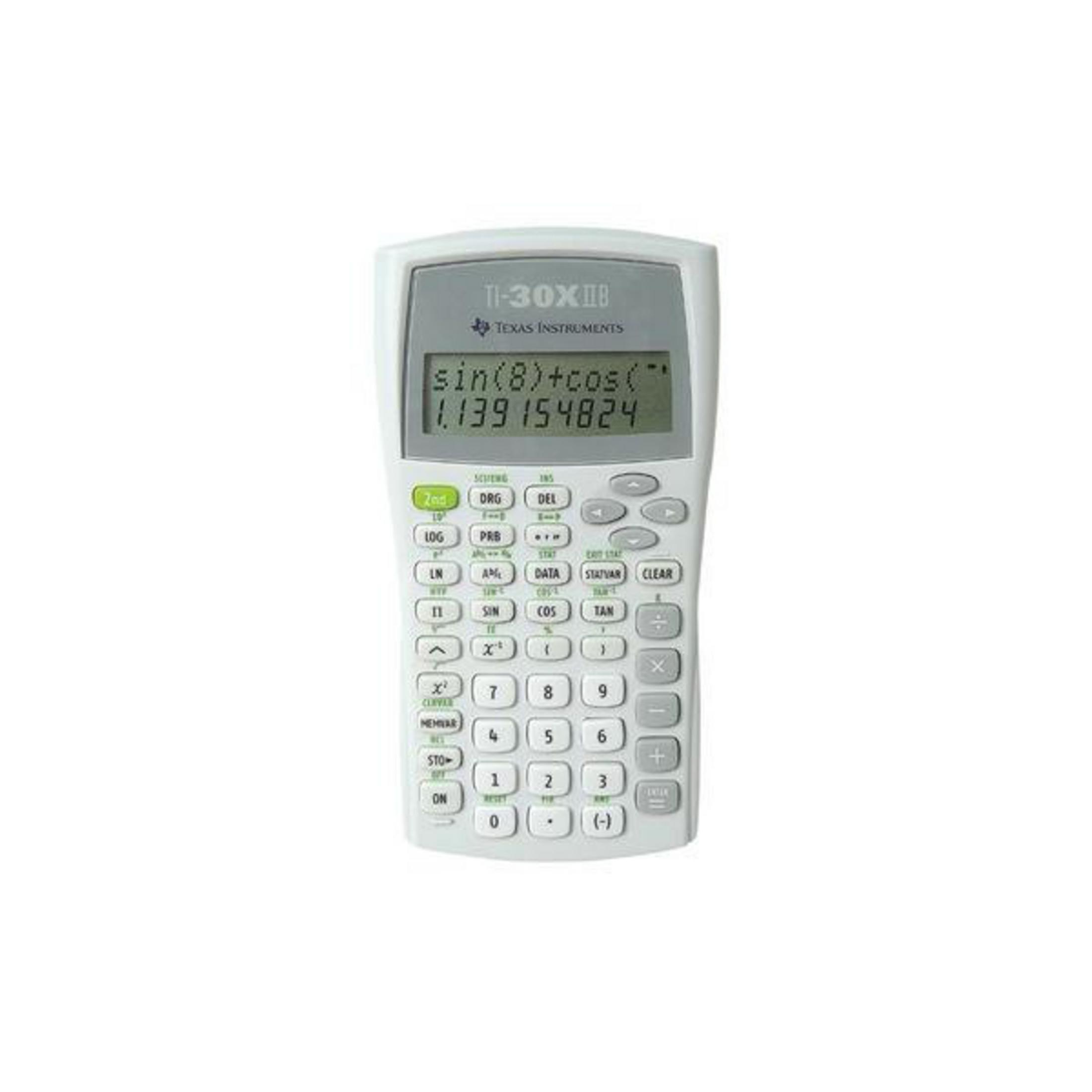 Une calculatrice scientifique blanche Texas Instruments TI-30XIIB avec écran.