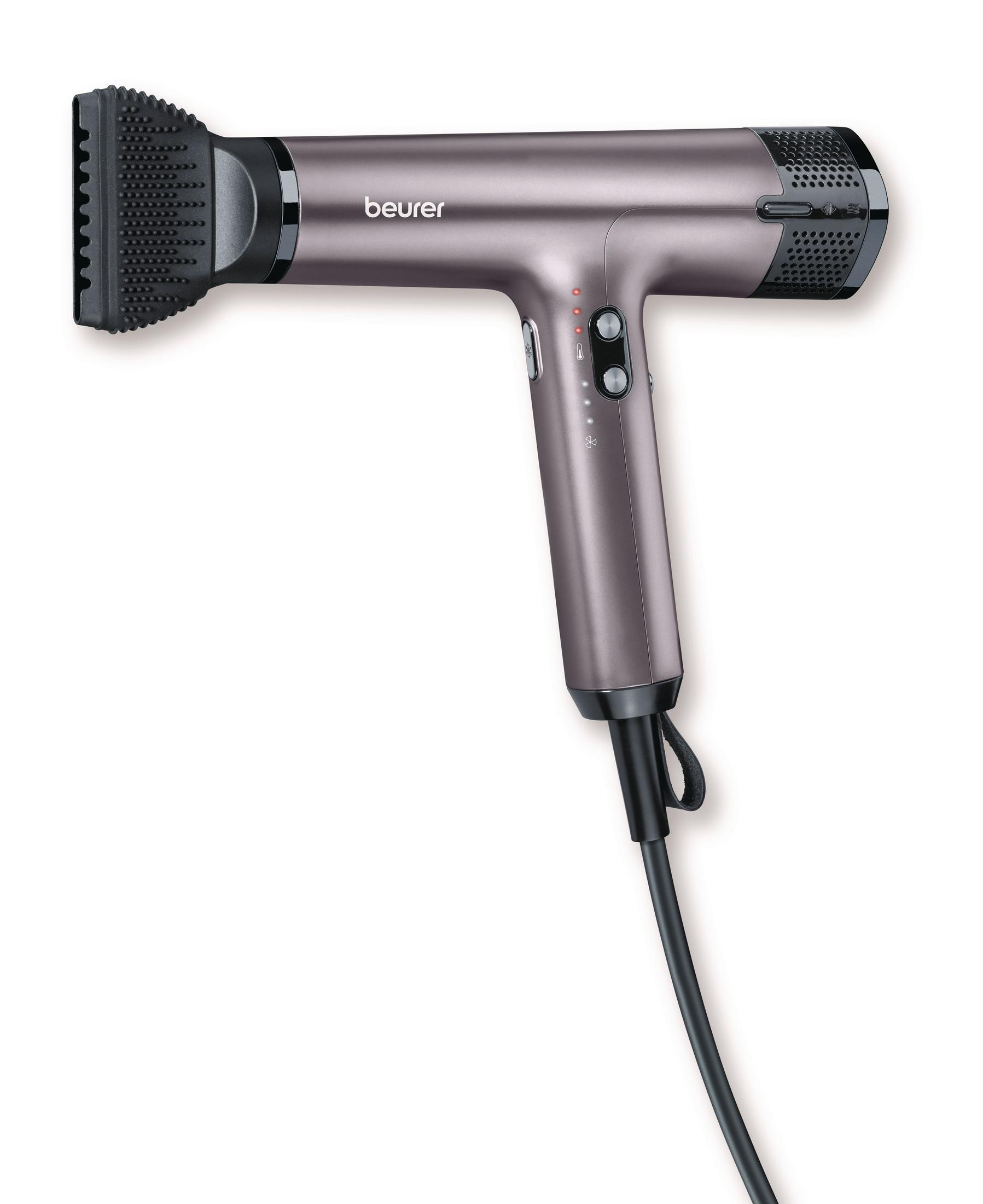 A gray hairdryer with a black nozzle and cord on a white background.