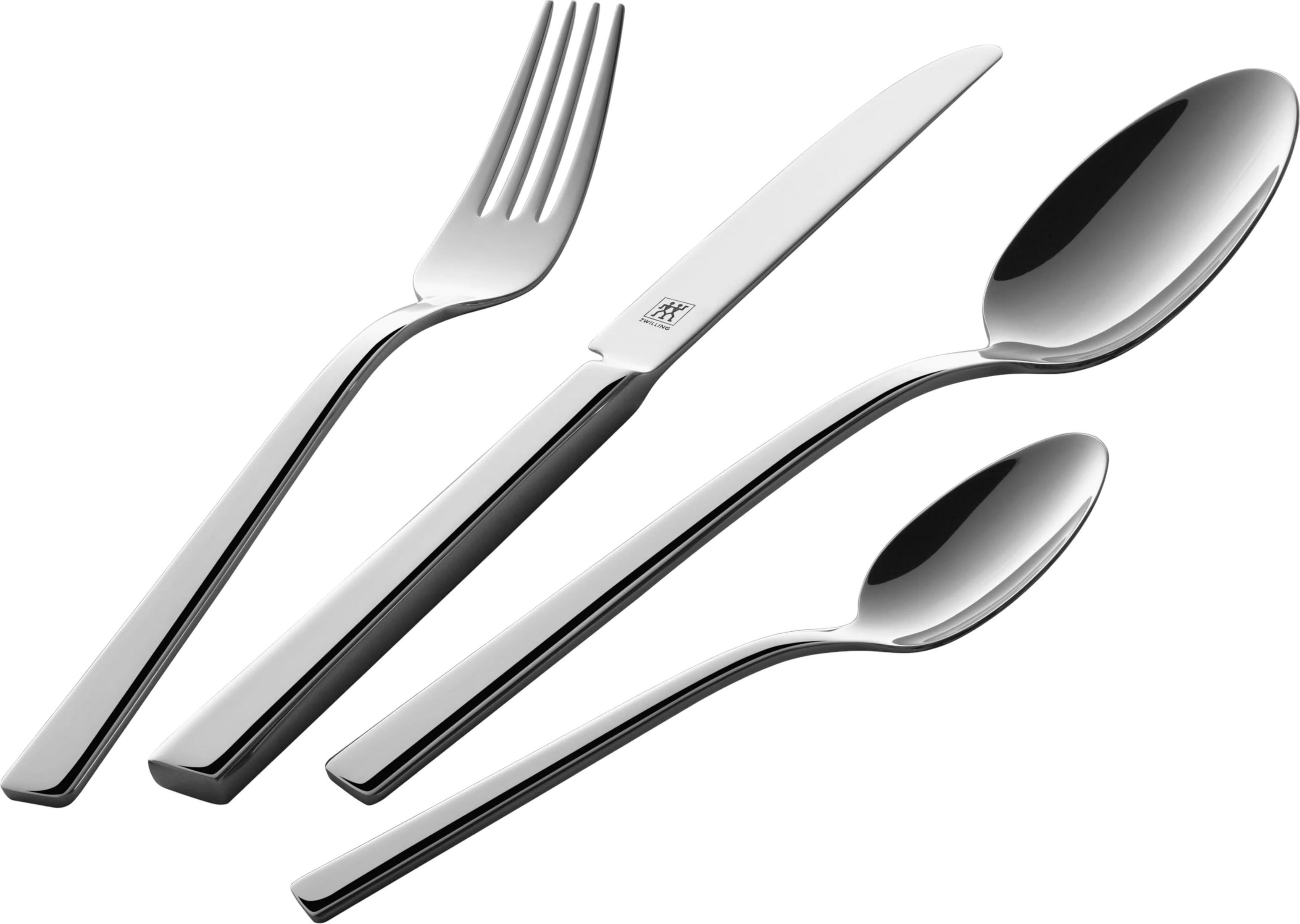 Ein Set aus poliertem Metallbesteck, bestehend aus Gabel, Messer und zwei Löffeln.