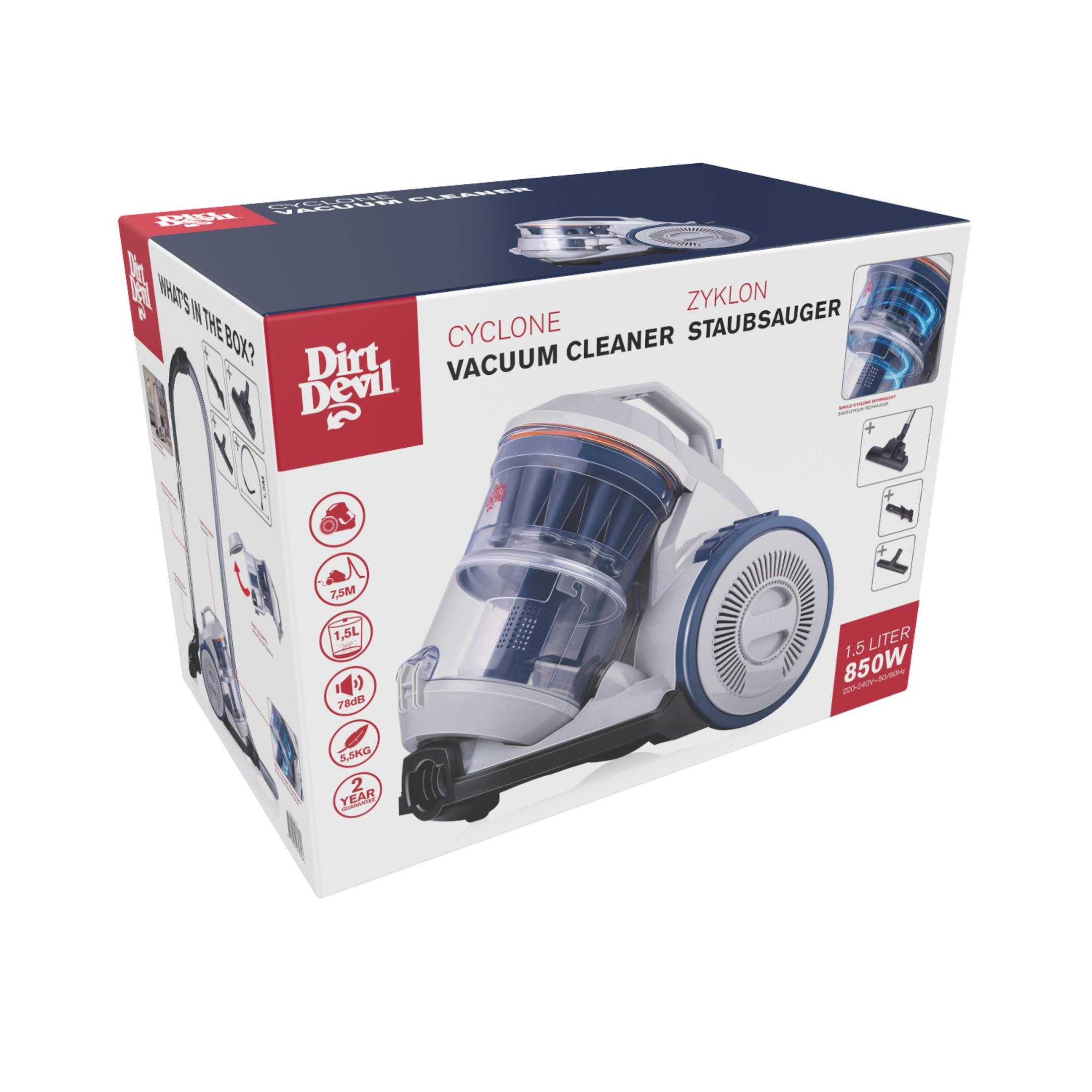 Verpackung eines weißen Zyklon-Staubsaugers von Dirt Devil mit blauen Akzenten.