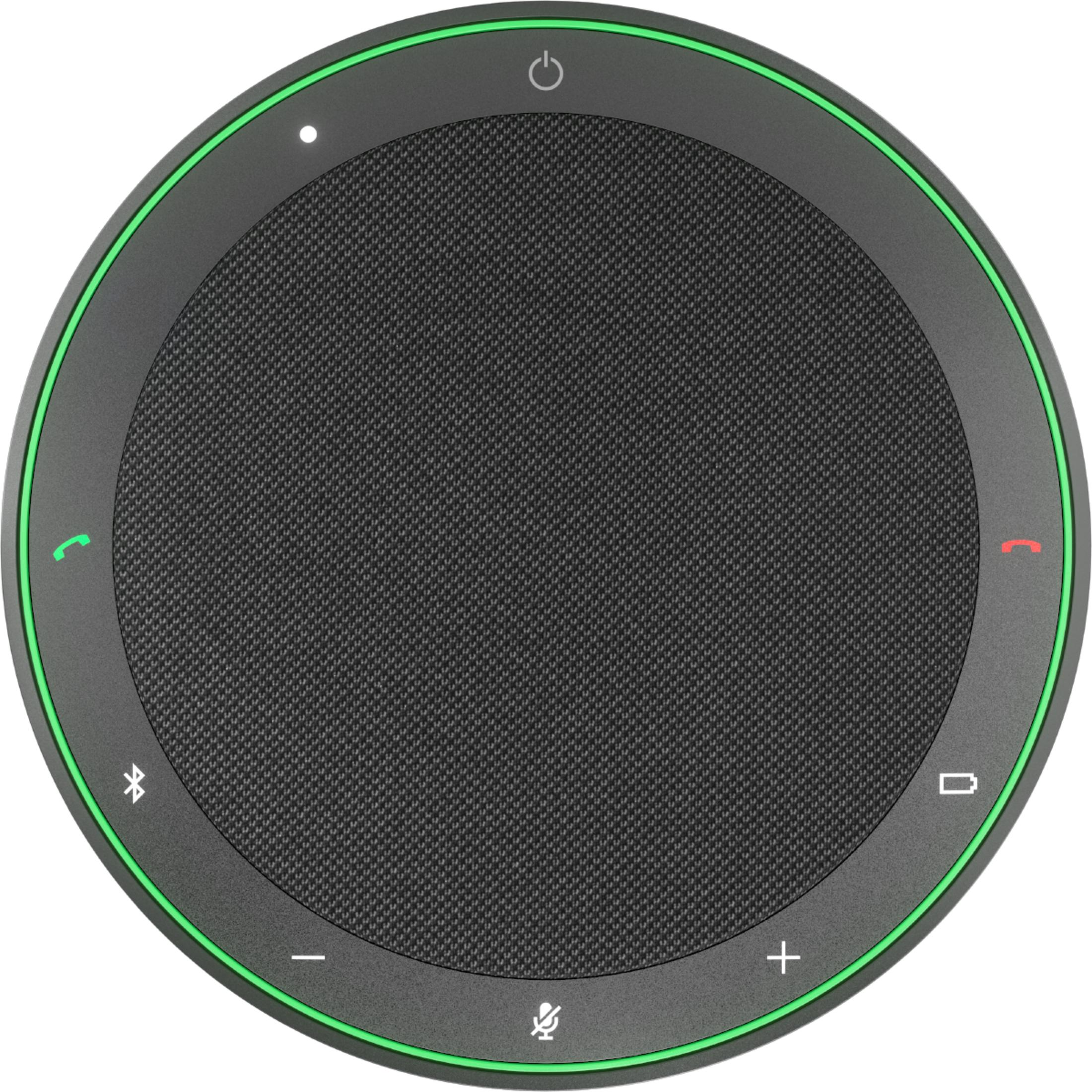 Altoparlante rotondo e scuro con bordo verde e icone: accensione, chiamata, Bluetooth, volume, microfono, batteria.