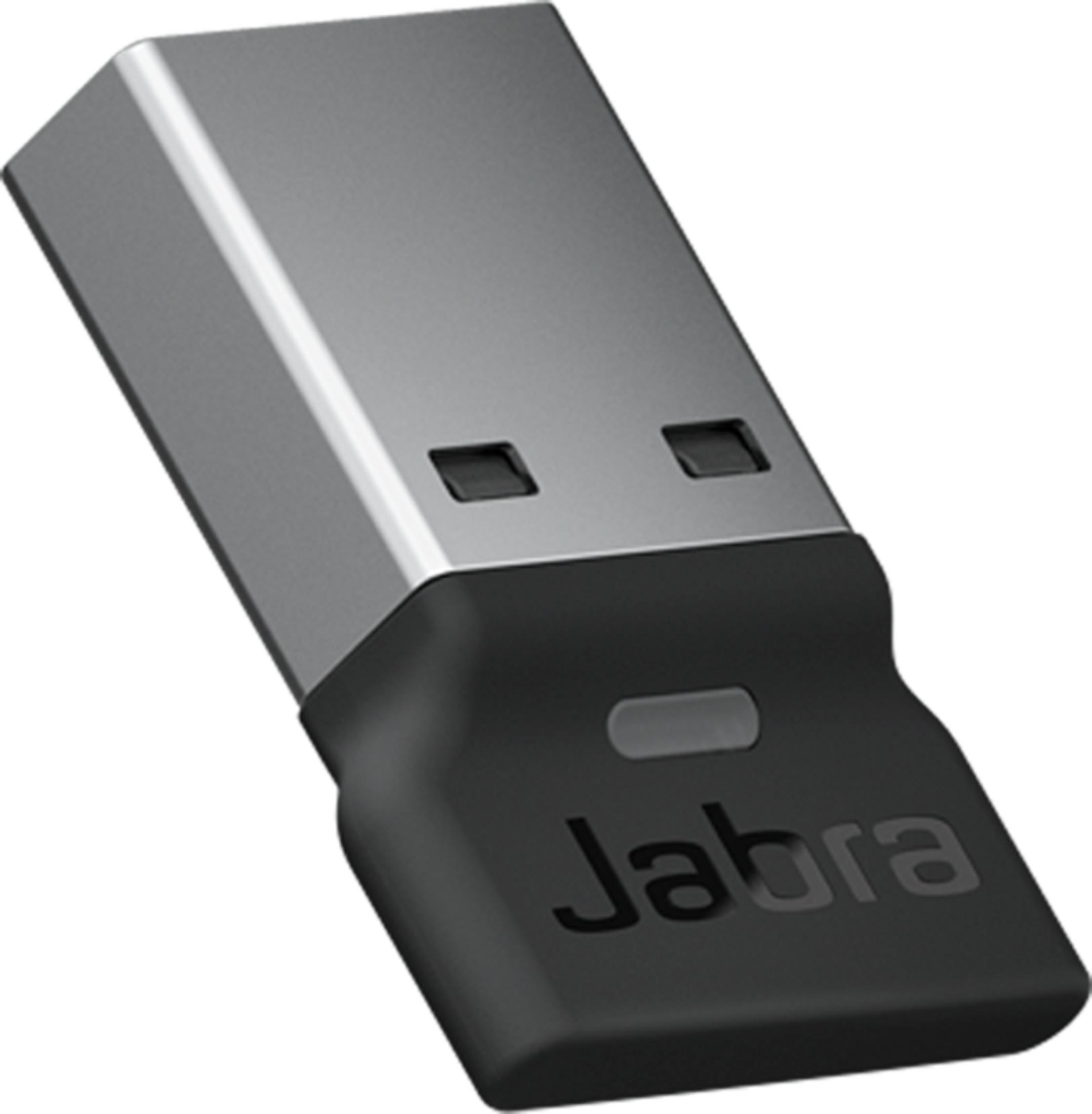 Ein silberner und schwarzer Jabra USB-Dongle mit zwei rechteckigen Ladekontakten.