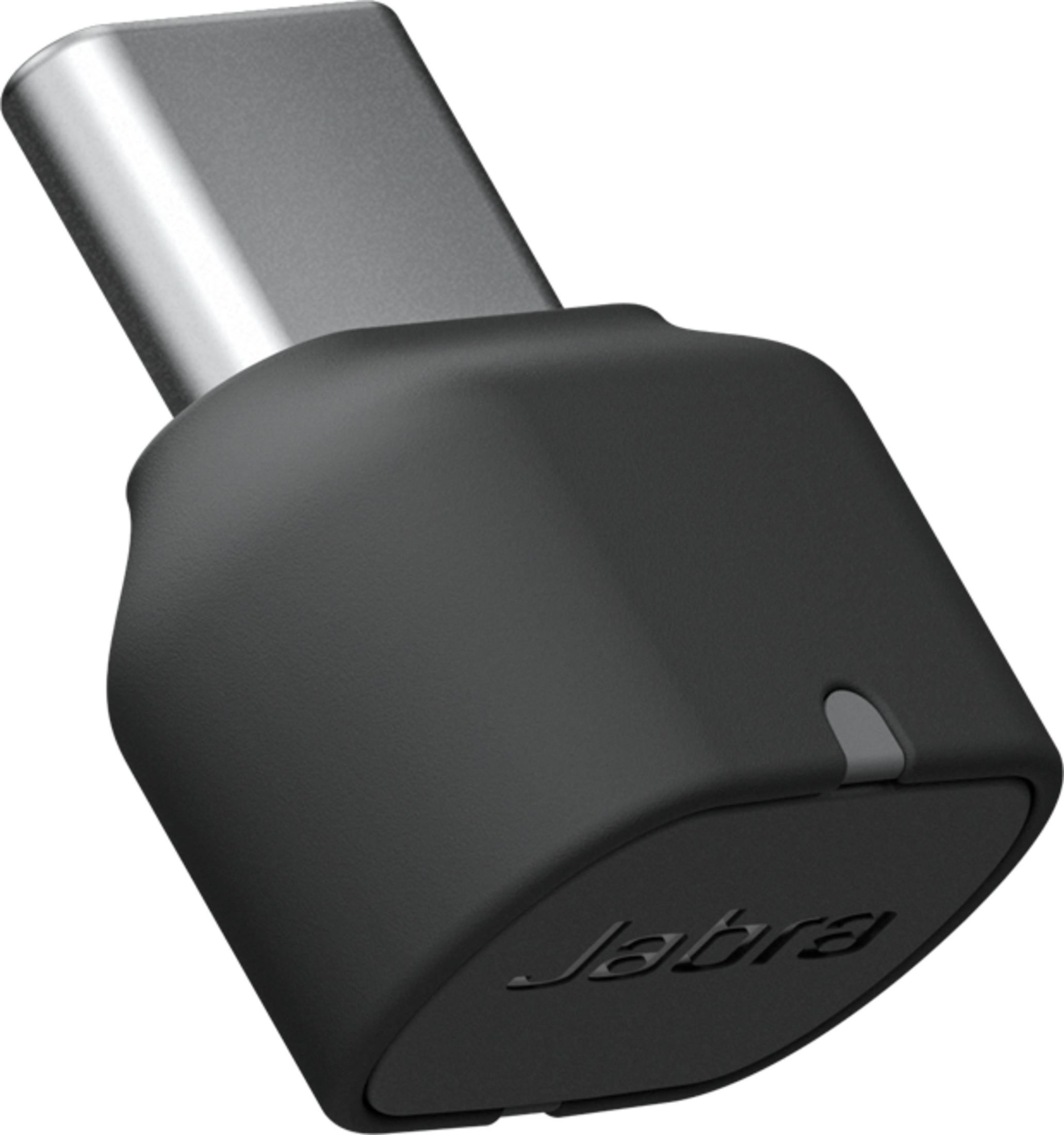Un adattatore Bluetooth Jabra nero con connettore USB-C.