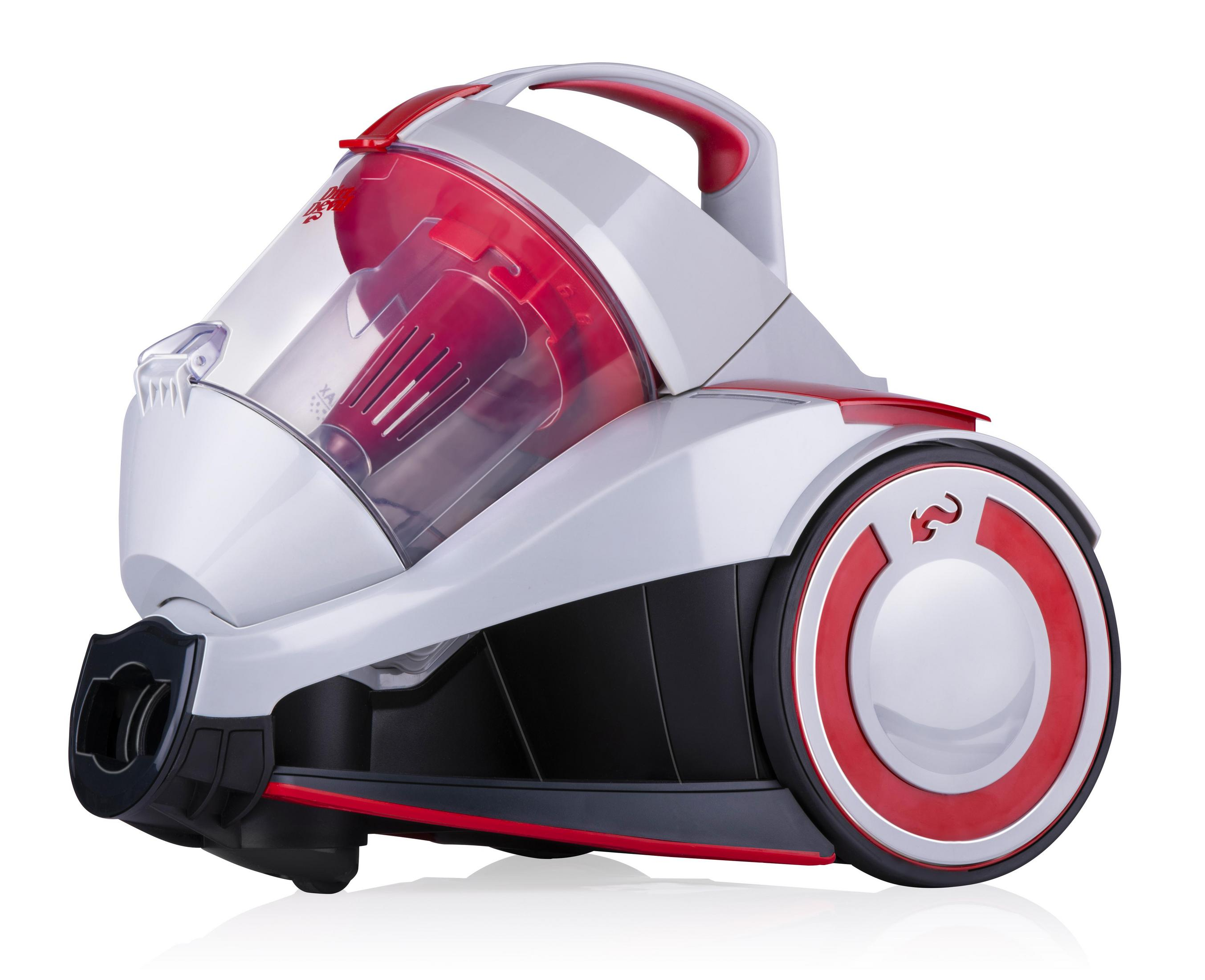 Un aspirapolvere senza fili bianco e rosso con raccoglipolvere trasparente, su bianco.