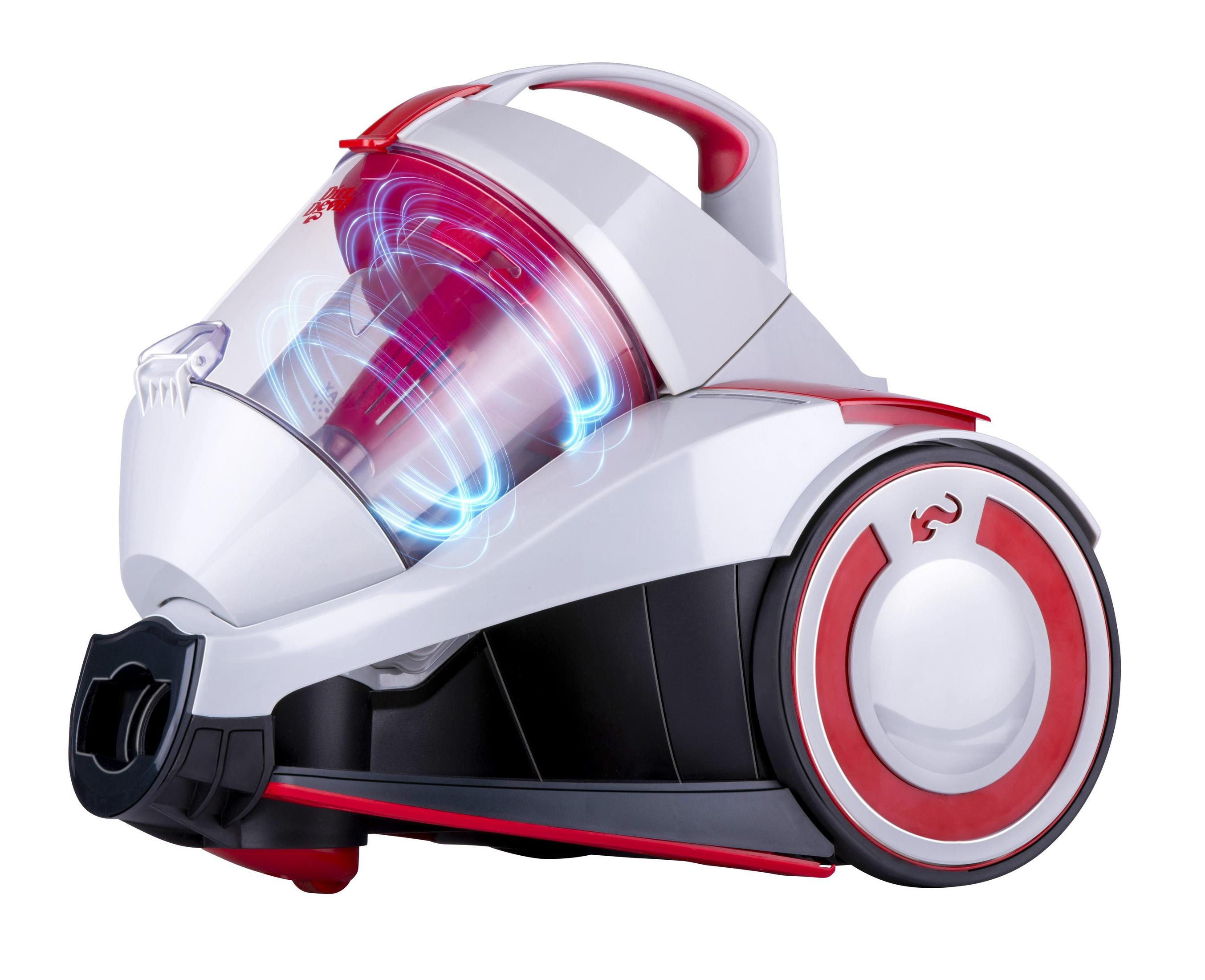 Aspirapolvere bianco e rosso con contenitore trasparente e vortici blu.