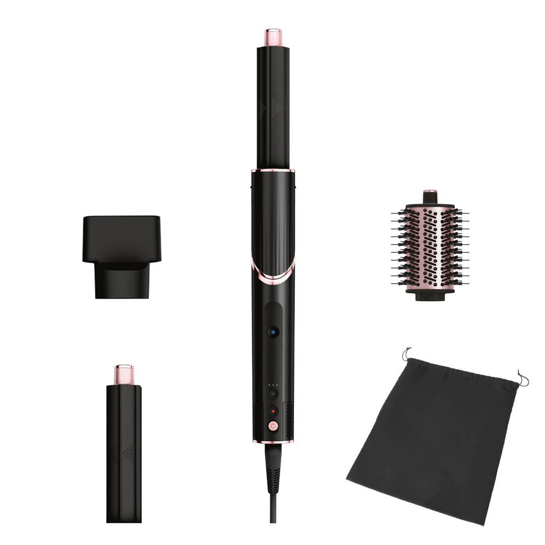 Un styler per capelli nero con accessori: ugello, spazzola e sacca.