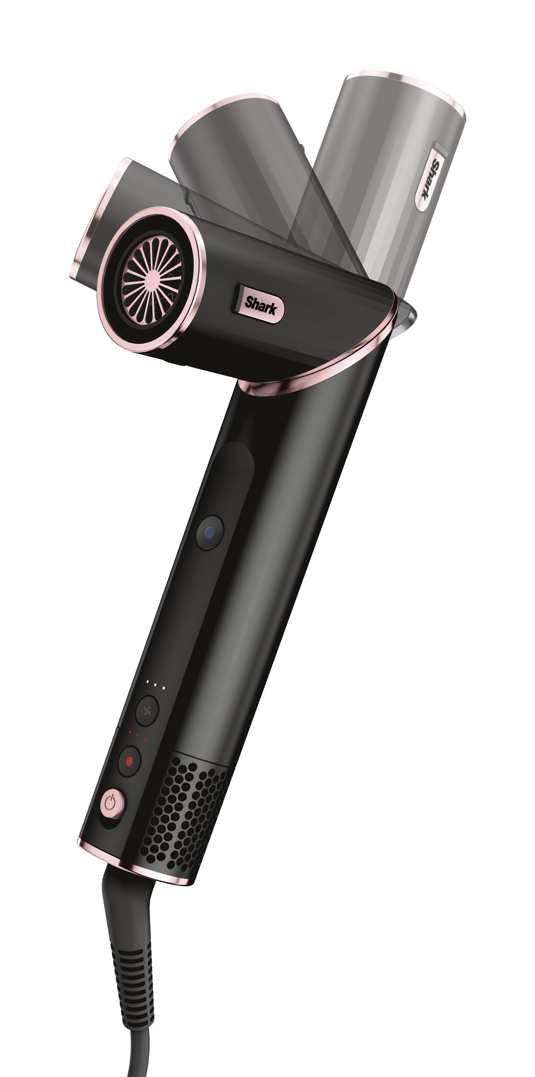 Asciugacapelli Shark nero con accenti oro rosa e testa girevole.