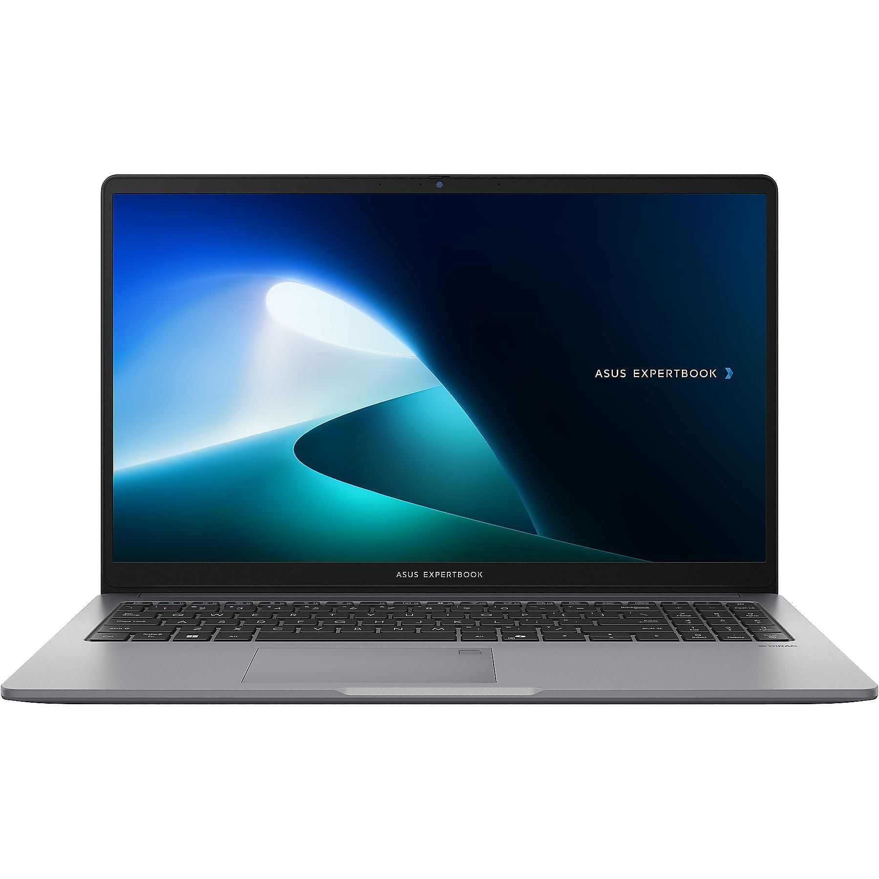 Un laptop argentato con uno sfondo astratto blu e turchese.