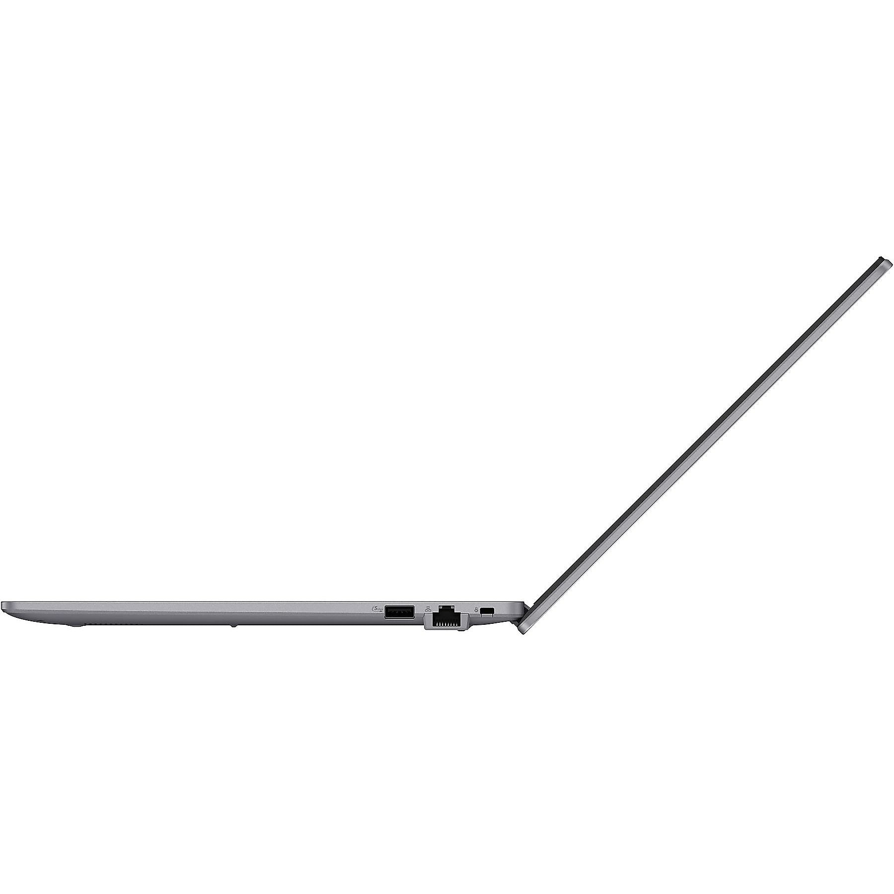 Laptop grigio con schermo aperto e porte laterali.