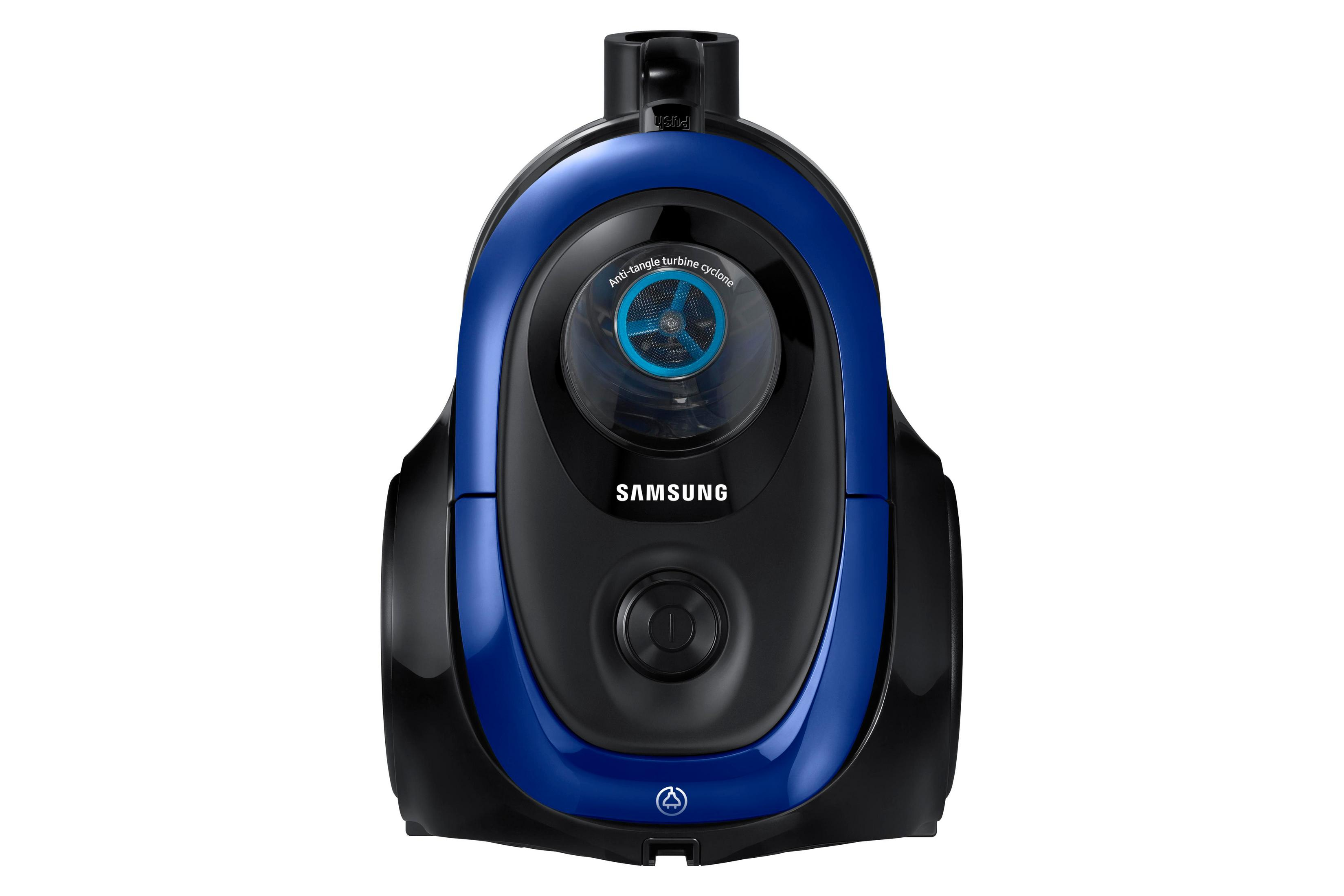 Una aspiradora Samsung azul y negra con ciclón visible.