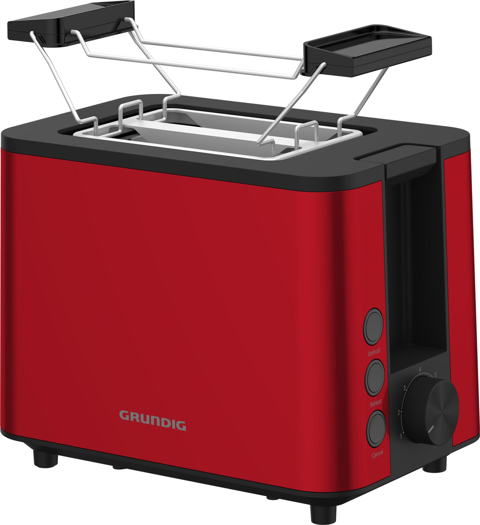 Ein roter Toaster mit silbernen Hebeln und schwarzen Bedienelementen.