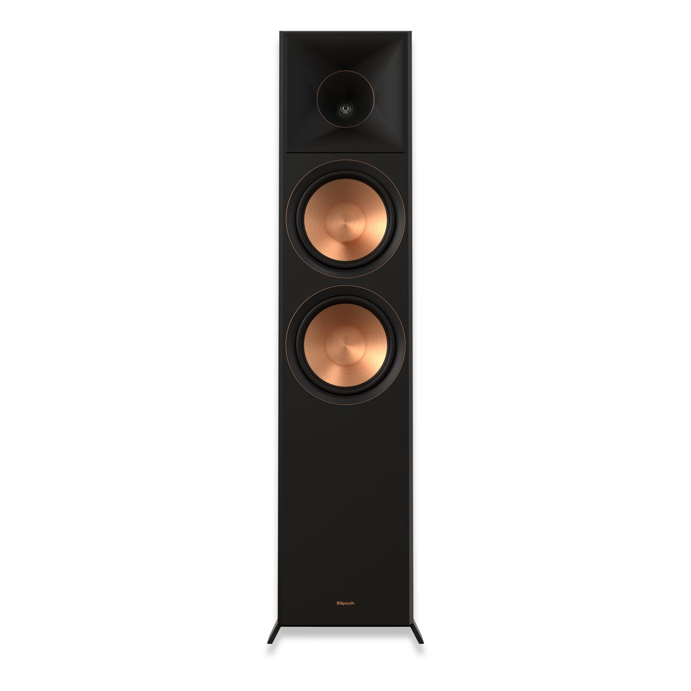 Ein schwarzer Klipsch-Lautsprecher mit Kupfermembranen und einem Hornhochtöner.