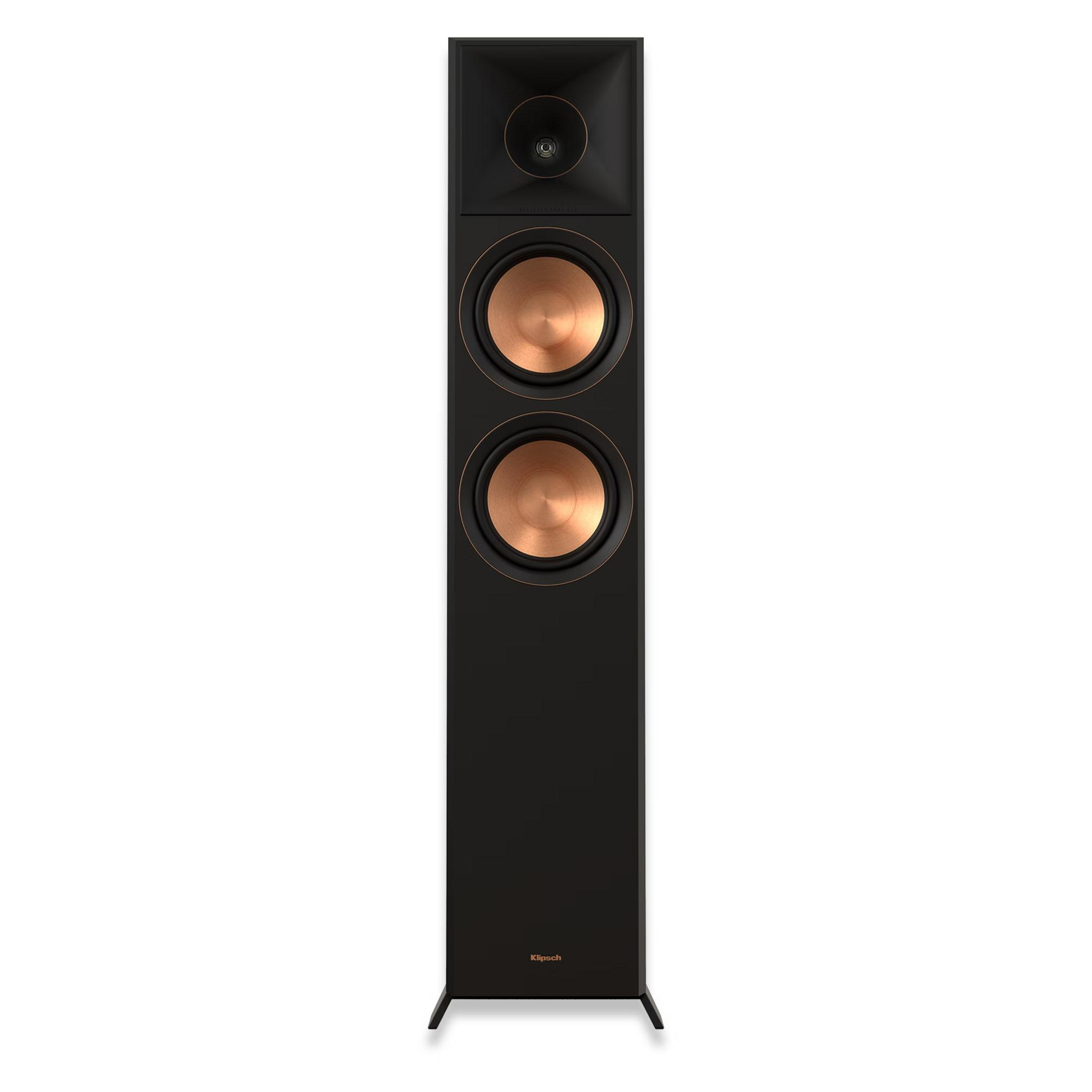 Schwarzer Standlautsprecher mit Kupfer-Treibern und Klipsch-Logo.
