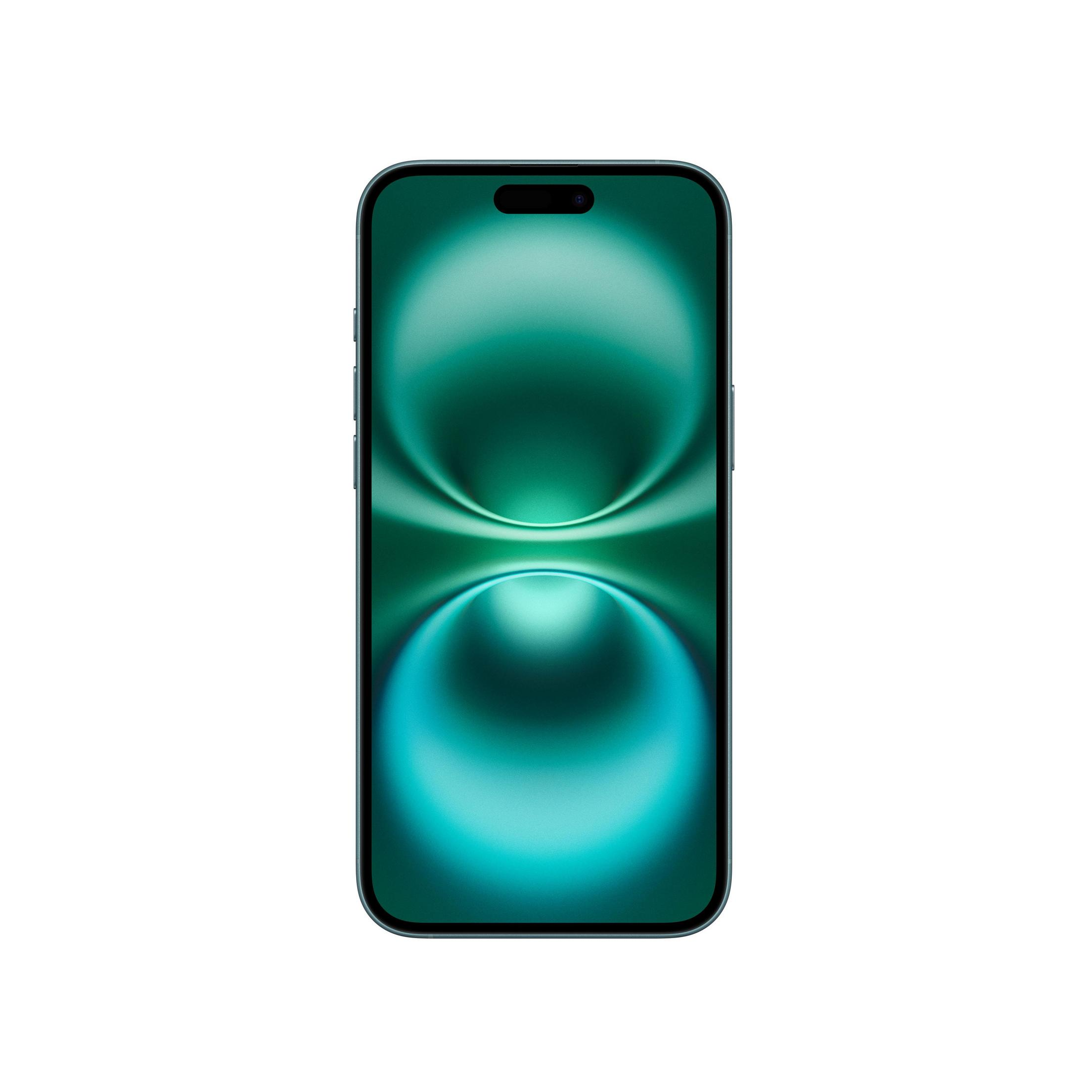 Ein blaues Smartphone mit einem grünen, abstrakten Hintergrundbild.