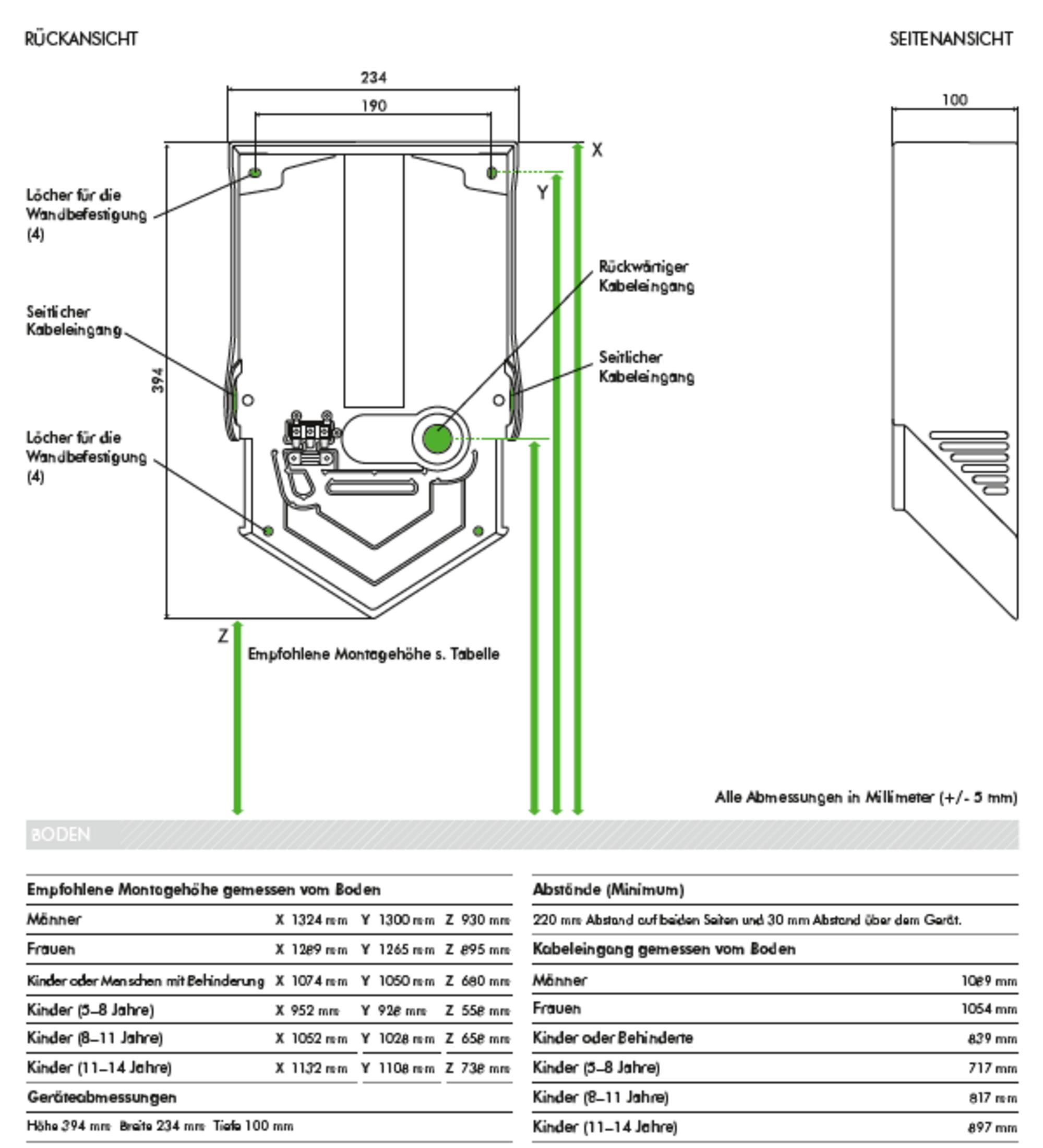 Disegno tecnico con dimensioni per viste posteriori e laterali, altezze e distanze di montaggio.