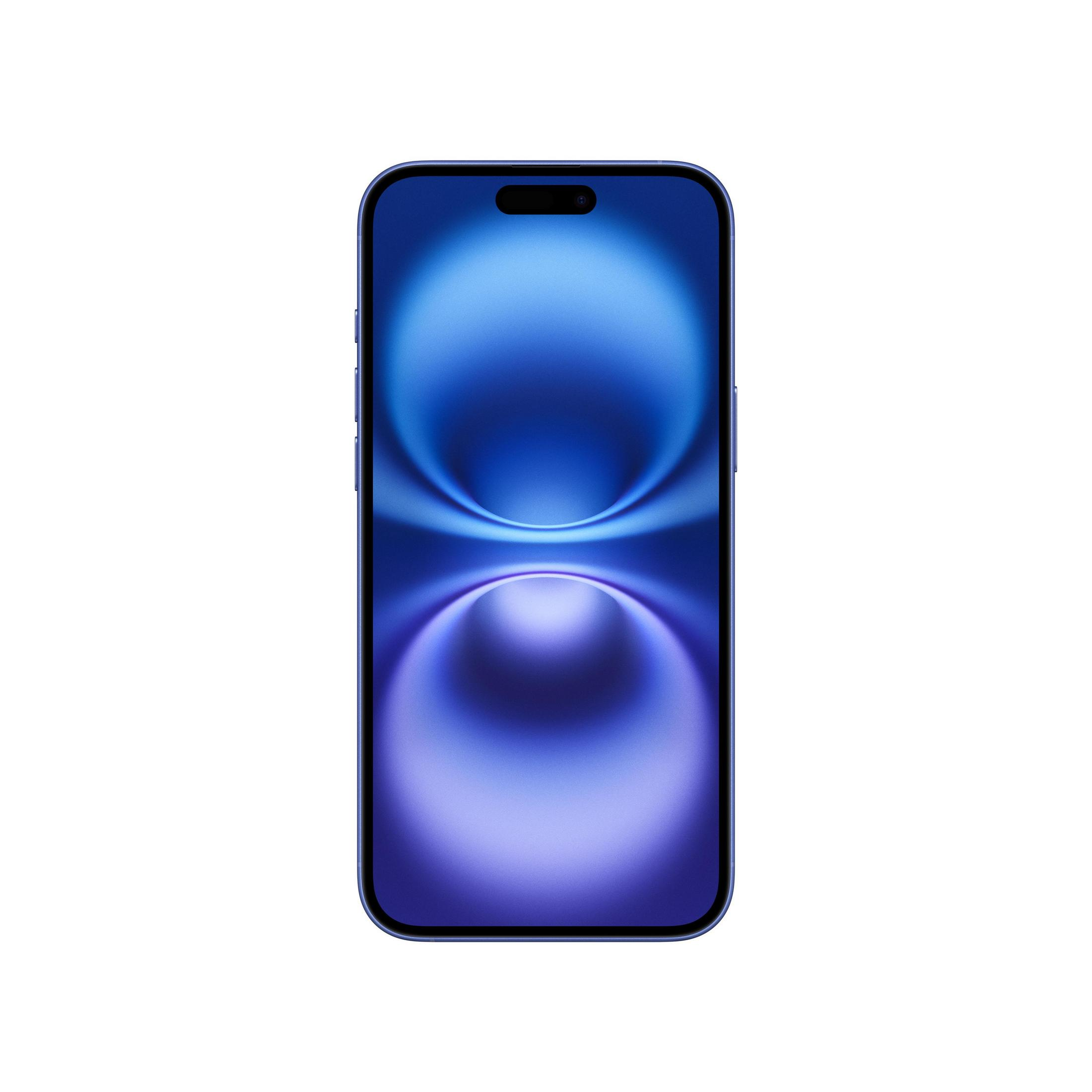 Ein lila Smartphone mit einem abstrakten blauen Hintergrundbild.