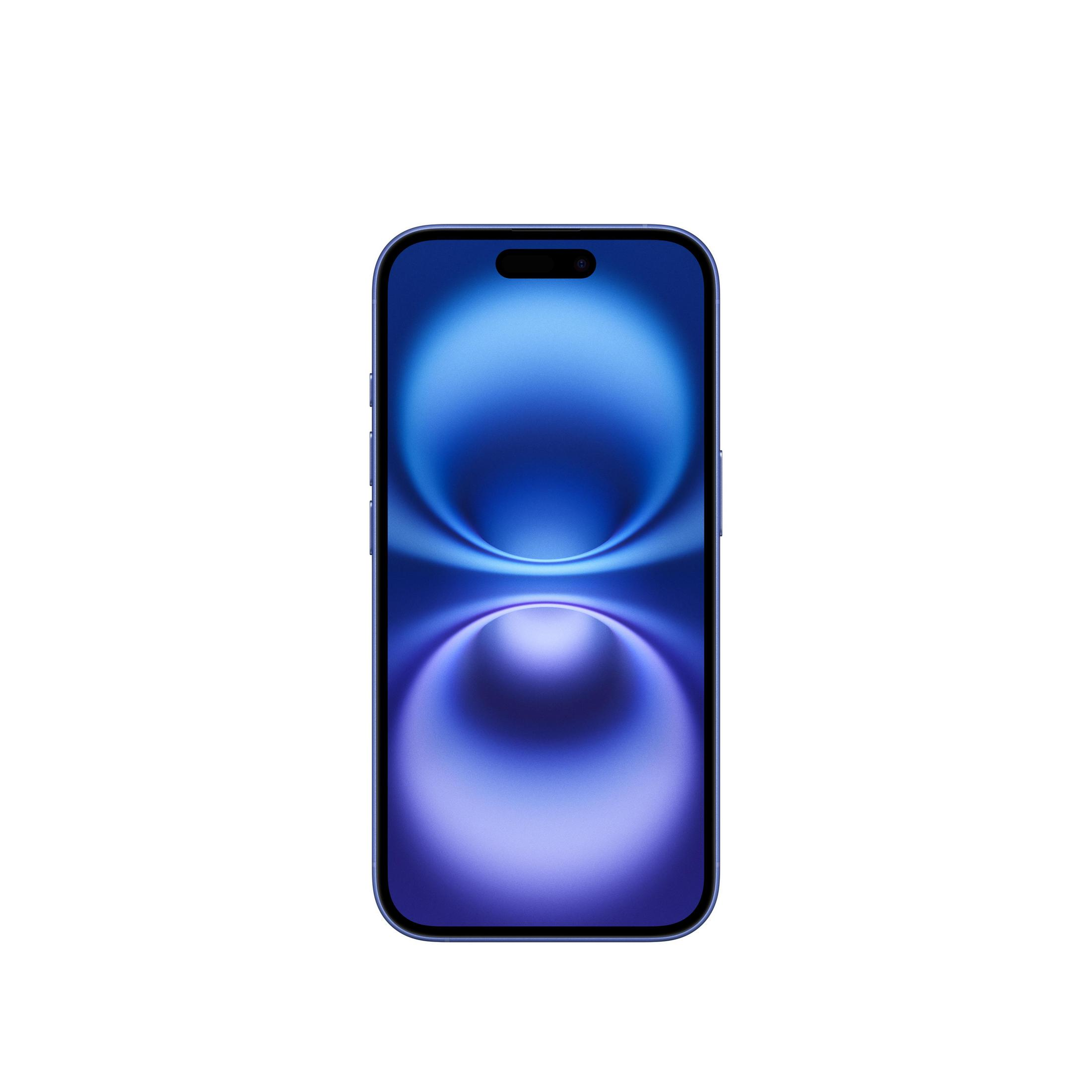 A blue smartphone displaying a dynamic blue wallpaper.