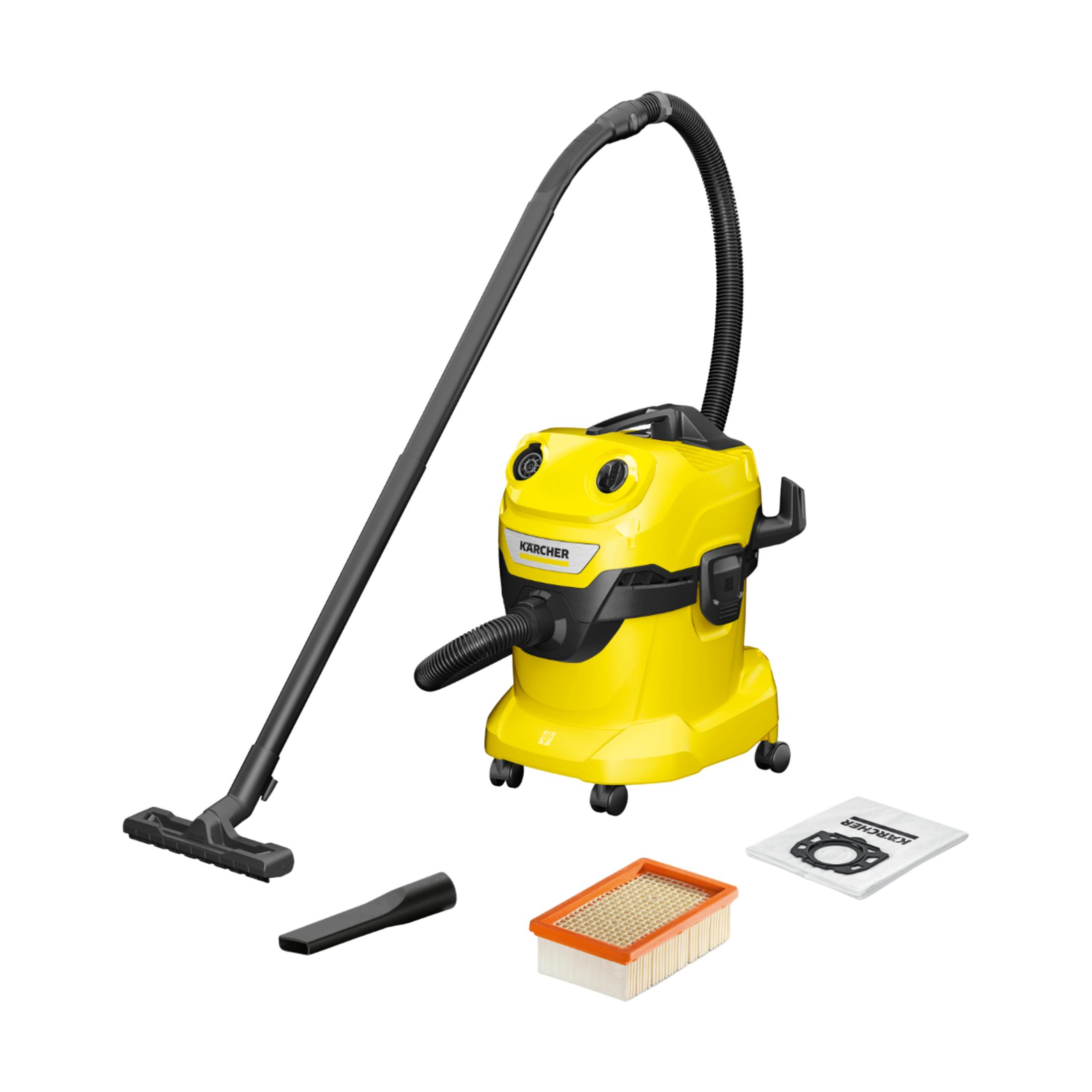 Aspirapolvere Kärcher bagnato/asciutto giallo con accessori: tubo, ugello, filtro, sacchetto.