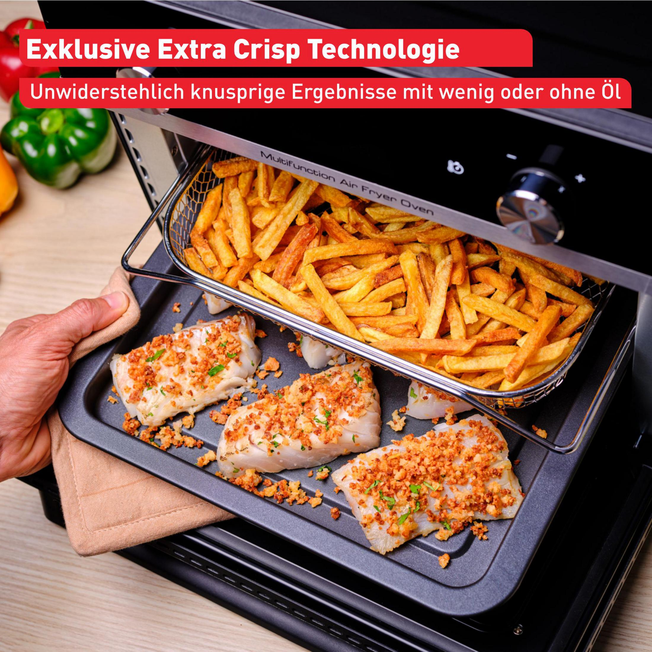 Una friggitrice ad aria con patatine fritte e pesce impanato. "Tecnologia esclusiva Extra Crisp."