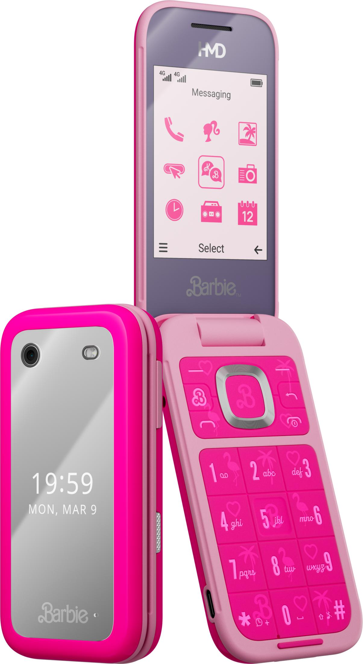 Teléfono plegable rosa Barbie abierto, muestra pantalla con iconos de mensajes y teclado.