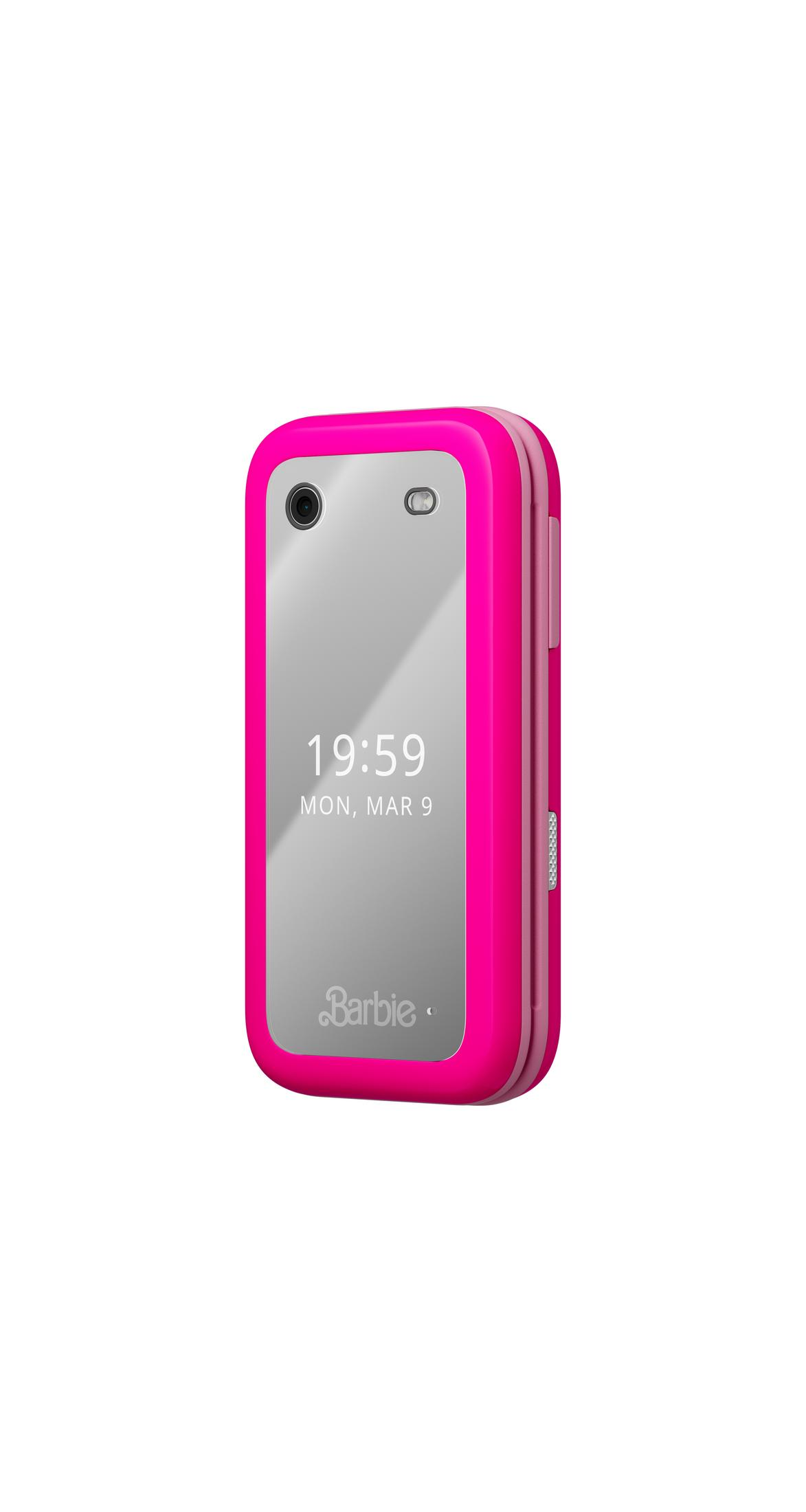Teléfono plegable rosa de Barbie mostrando las 19:59 en pantalla. Fondo blanco.