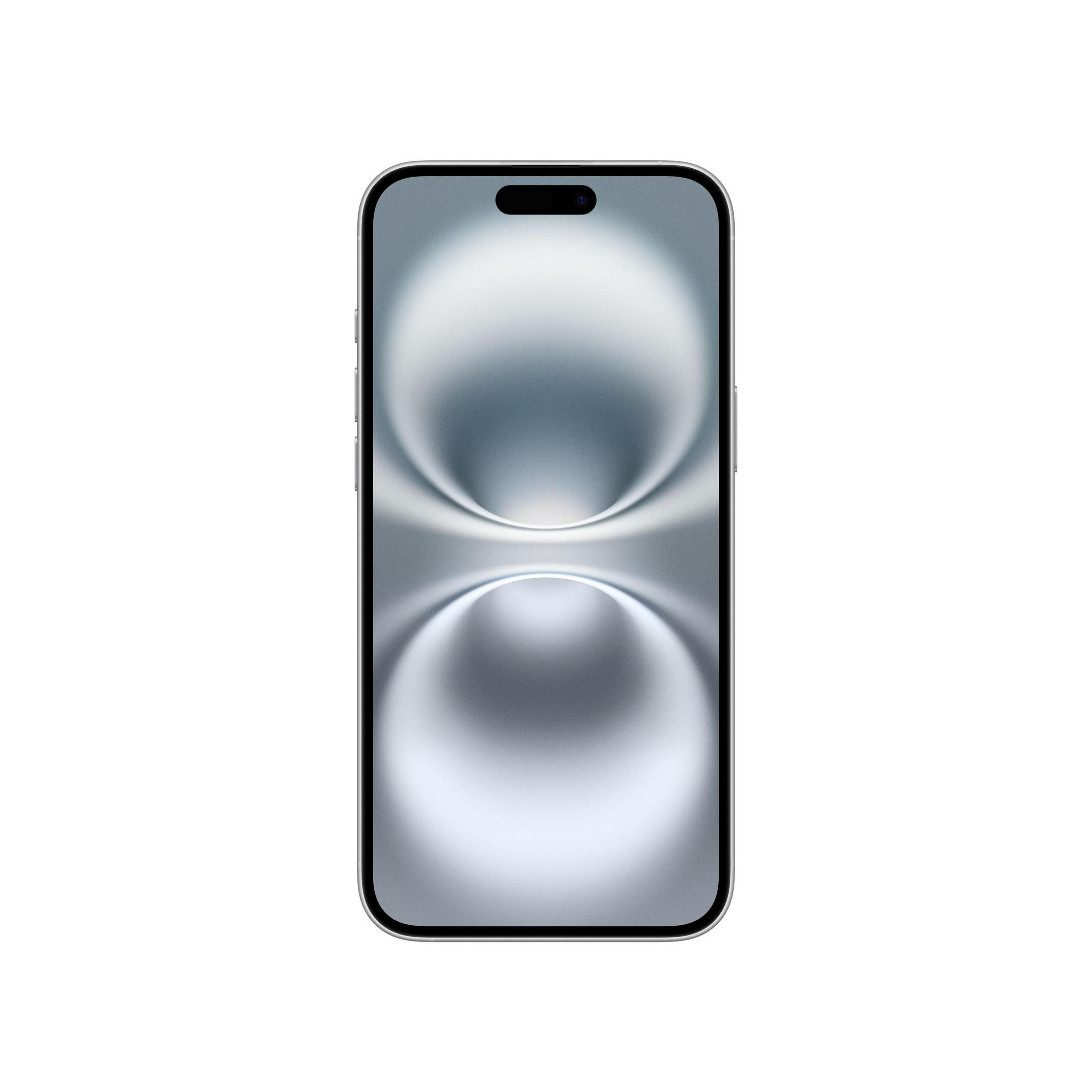 Uno smartphone argentato mostra uno sfondo blu astratto sul suo schermo.
