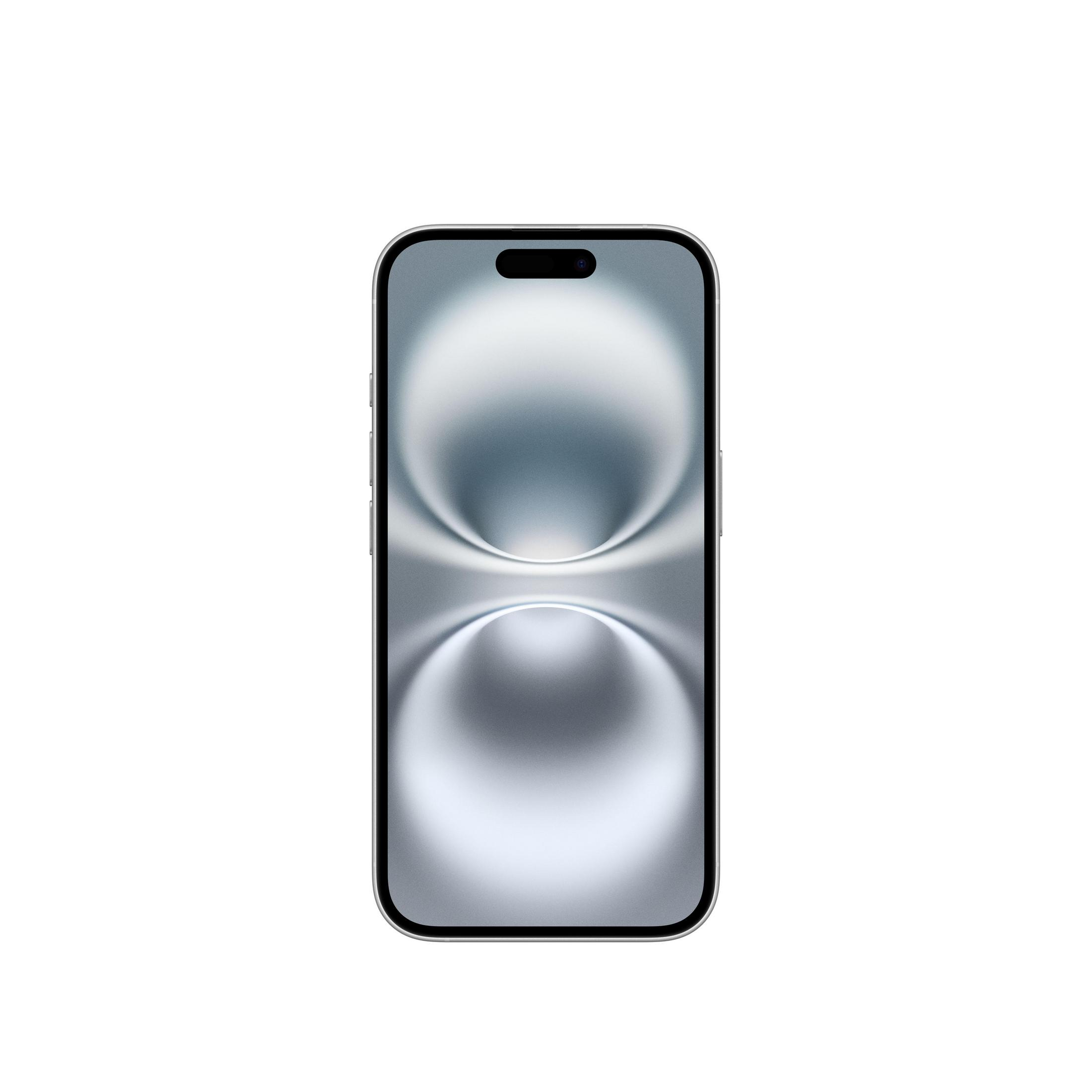Ein silbernes Smartphone mit einem dynamischen, abstrakten Hintergrund auf dem Bildschirm.