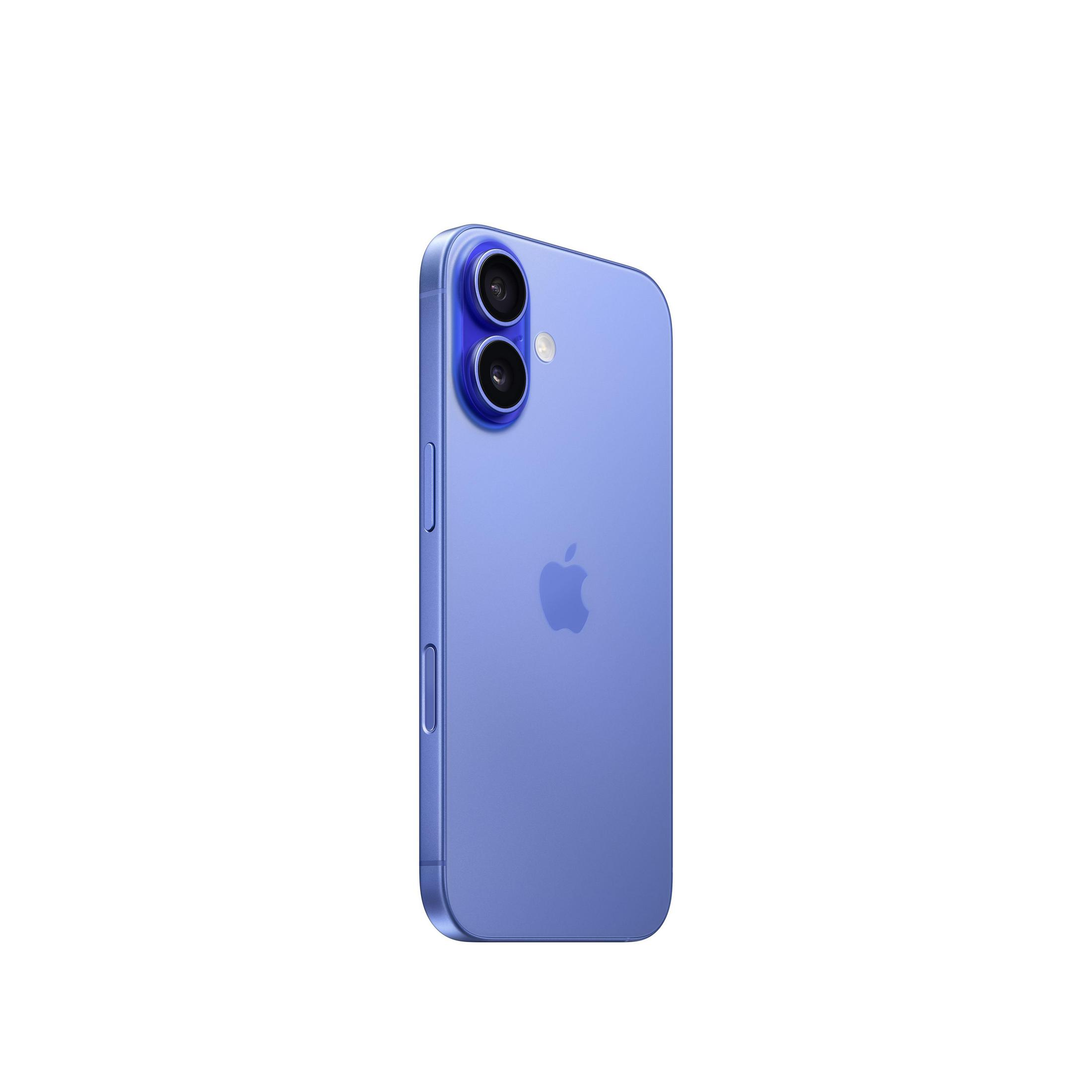 Een blauwe smartphone met twee camera's aan de achterkant, op een witte achtergrond.