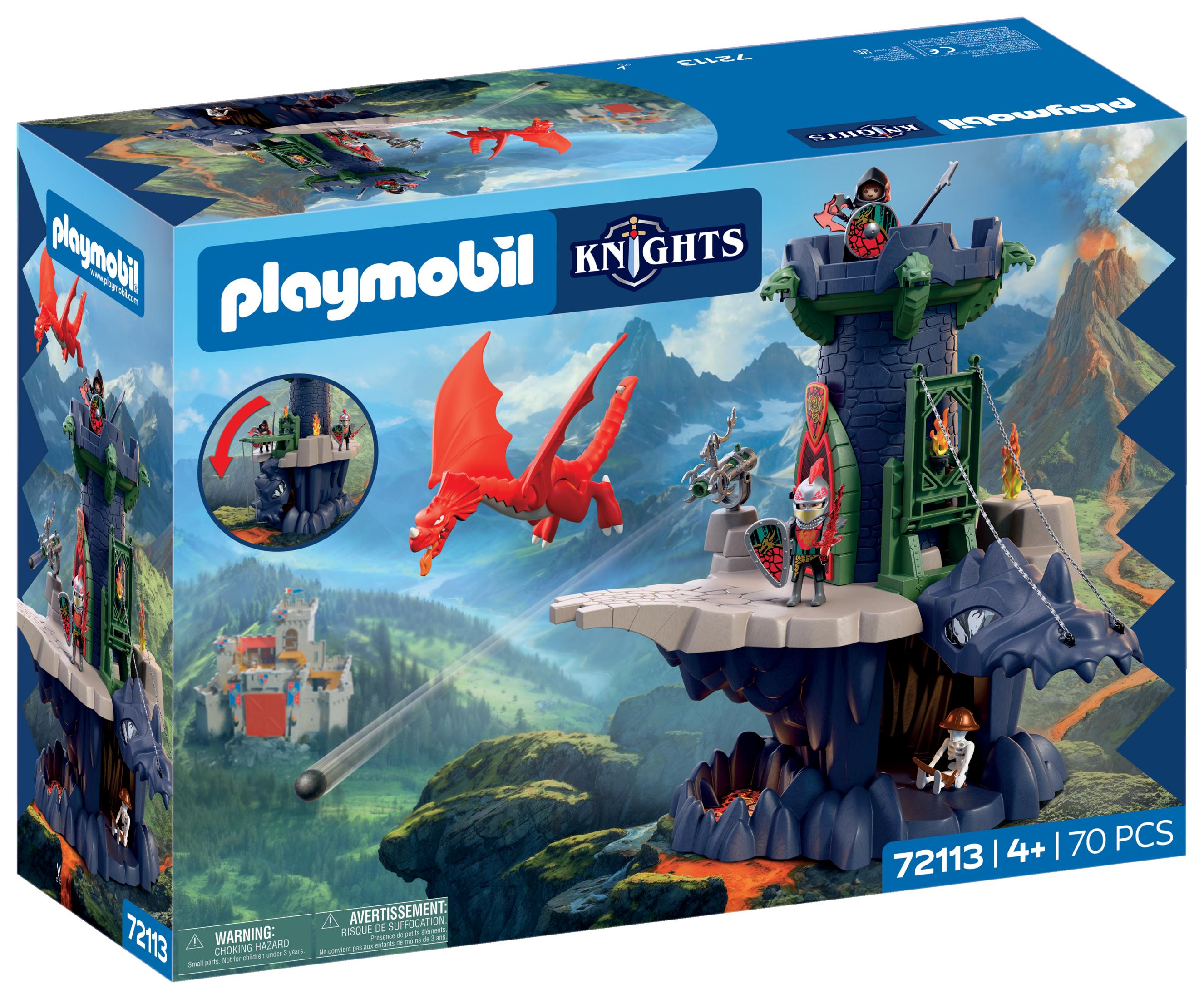 Castillo de caballeros Playmobil con dragón rojo frente a paisaje montañoso volcánico.