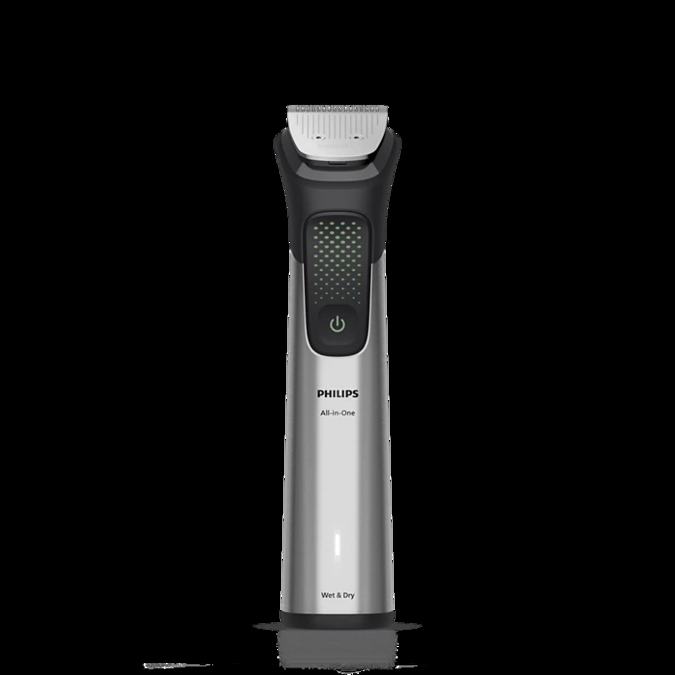 Ein silberner Philips Trimmer mit schwarzem Griff und grünen Akzenten.