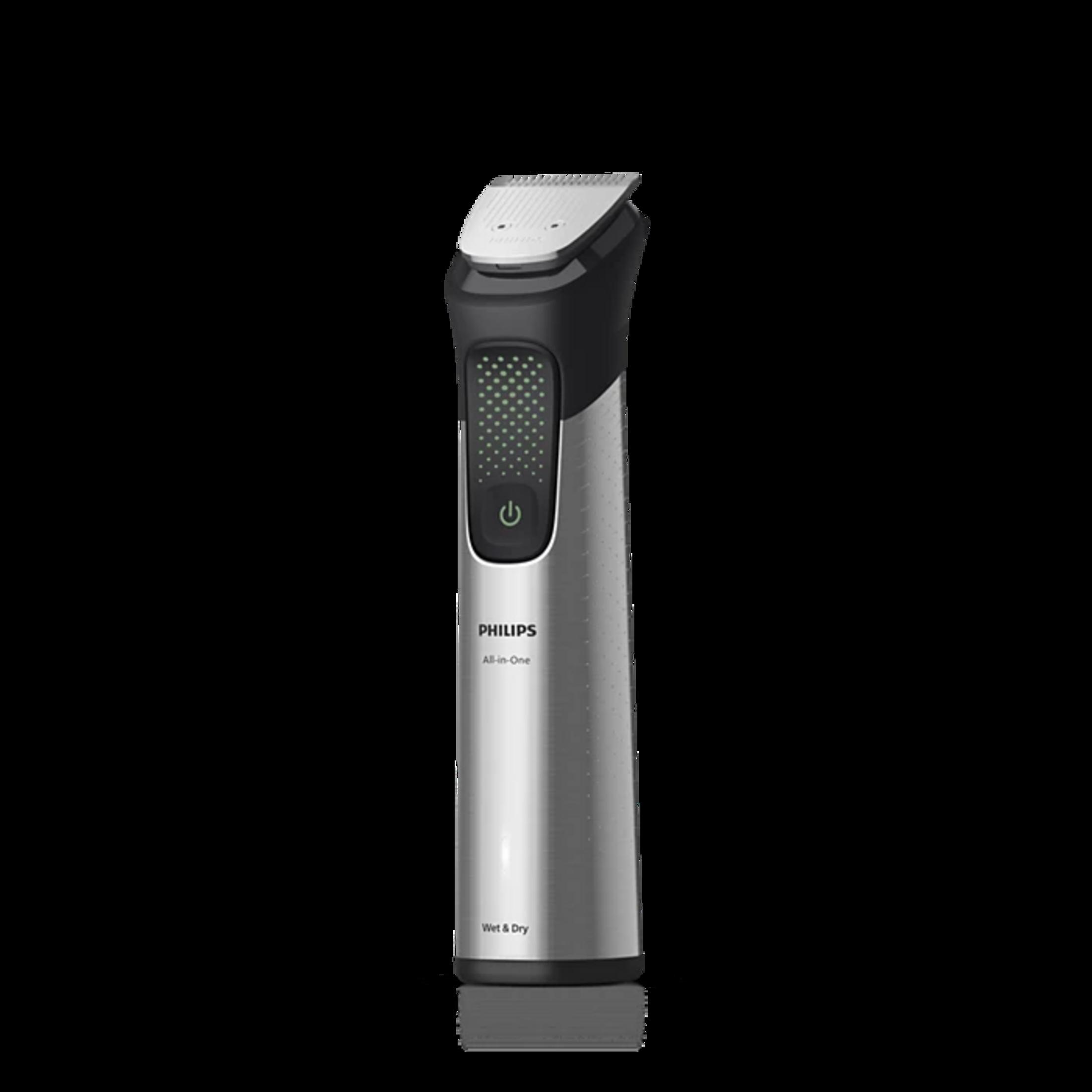 Ein silberner Philips All-in-One Trimmer mit schwarzem Griff und grüner Ladeanzeige.
