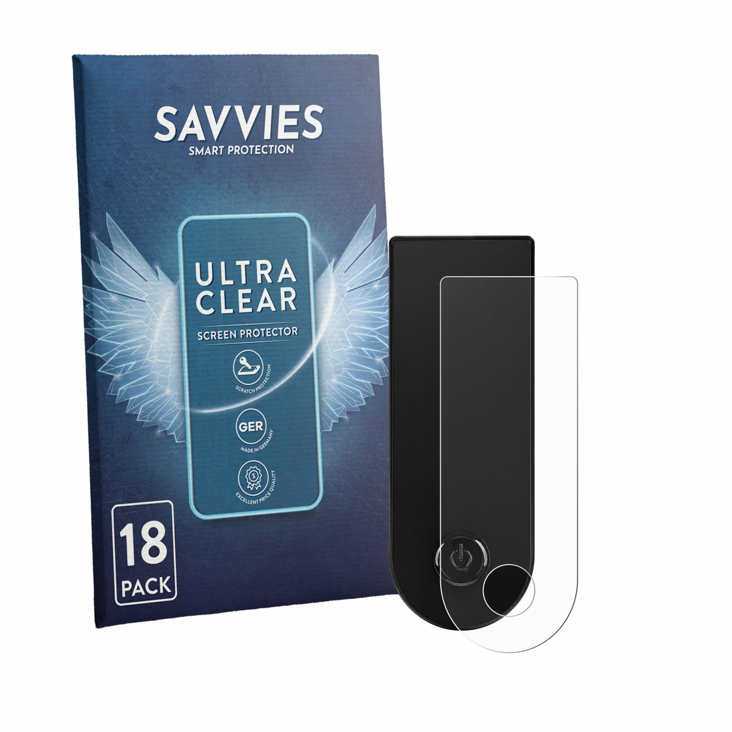 Verpackung von SAVVIES Displayschutzfolien, 18 Stück, mit einer Schutzfolie.