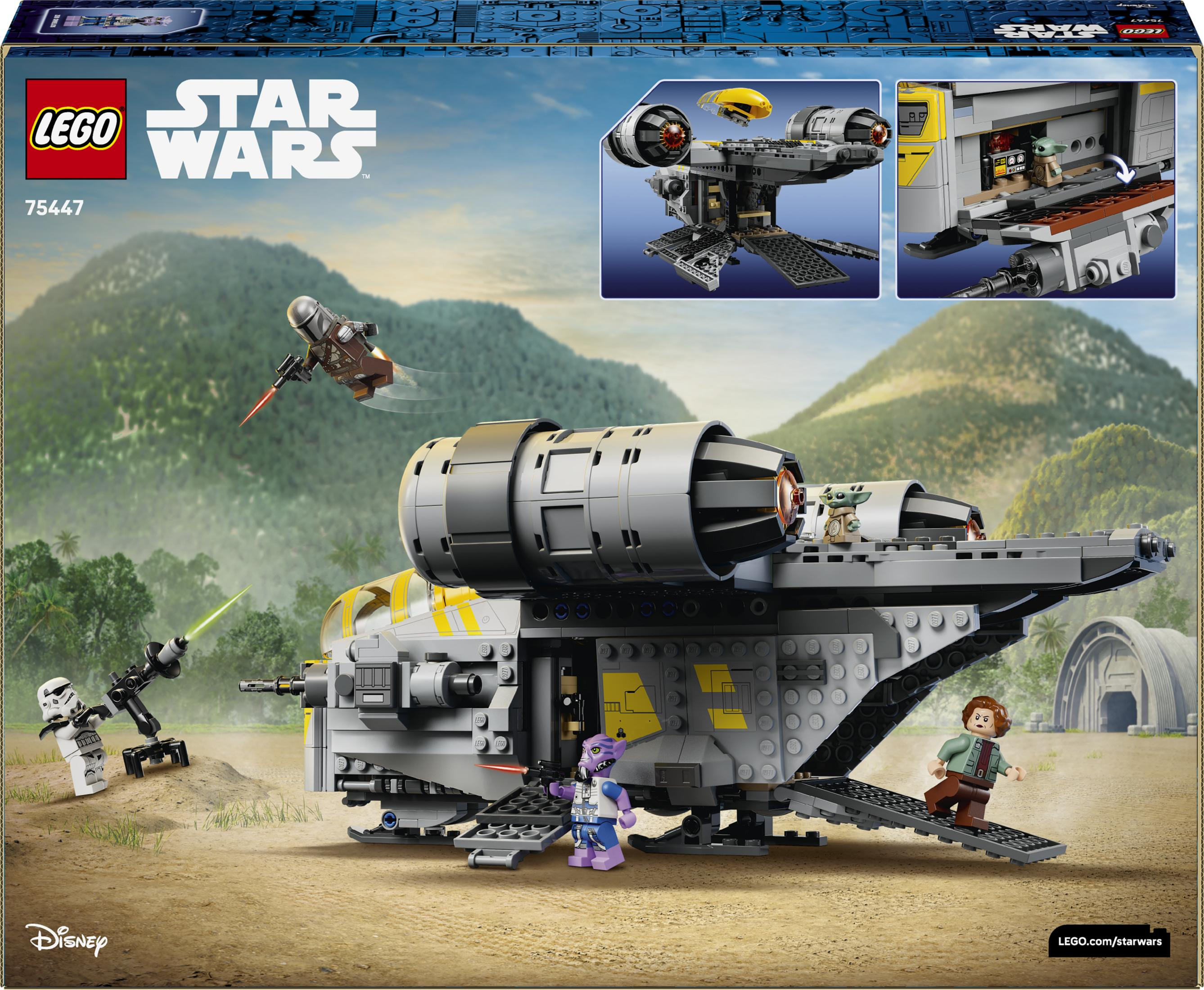 Statek LEGO Star Wars z figurkami w górzystym otoczeniu.