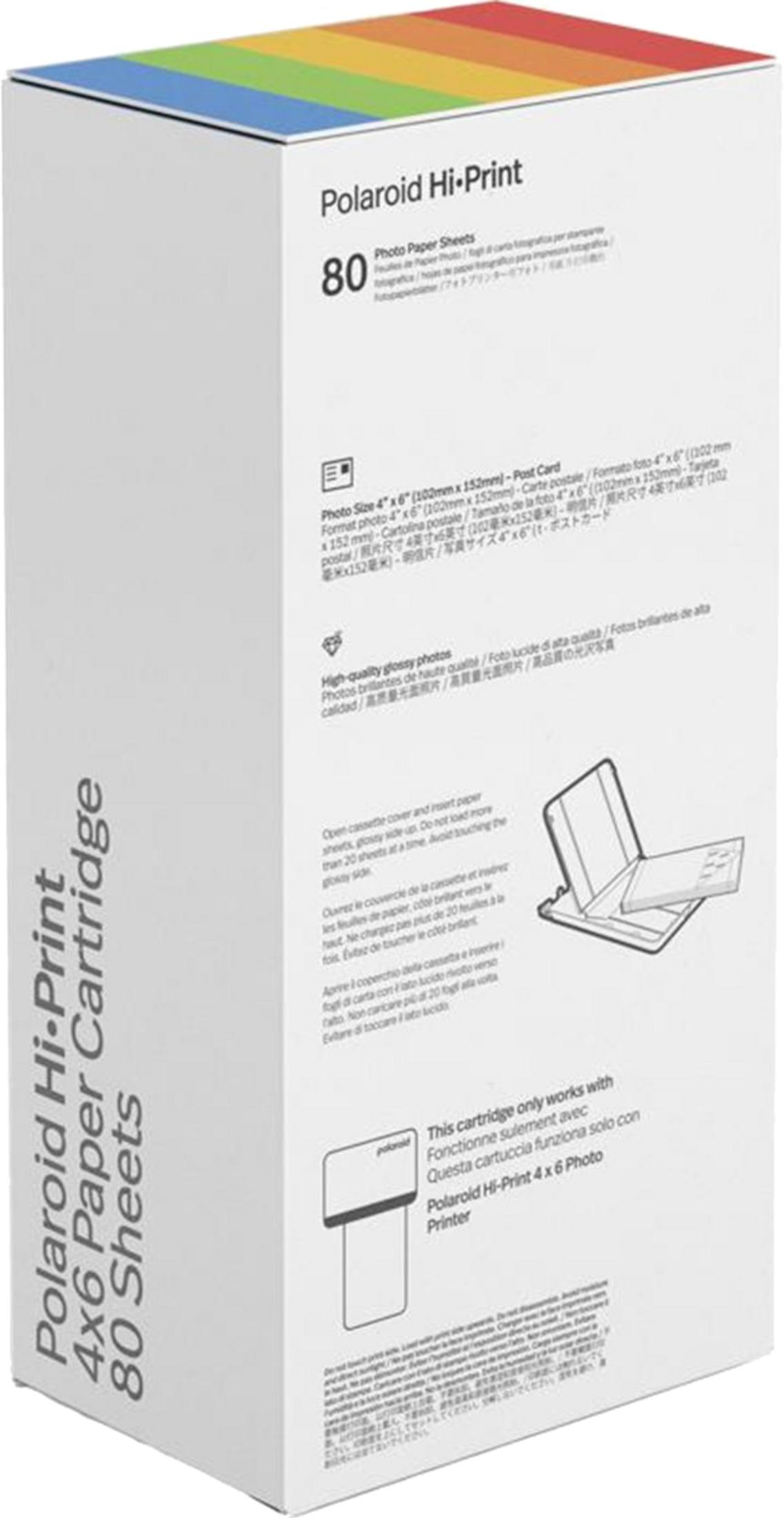 Verpackung für Polaroid Hi-Print Fotopapier, 80 Blatt, 10x15cm, mit Regenbogen-Design oben.