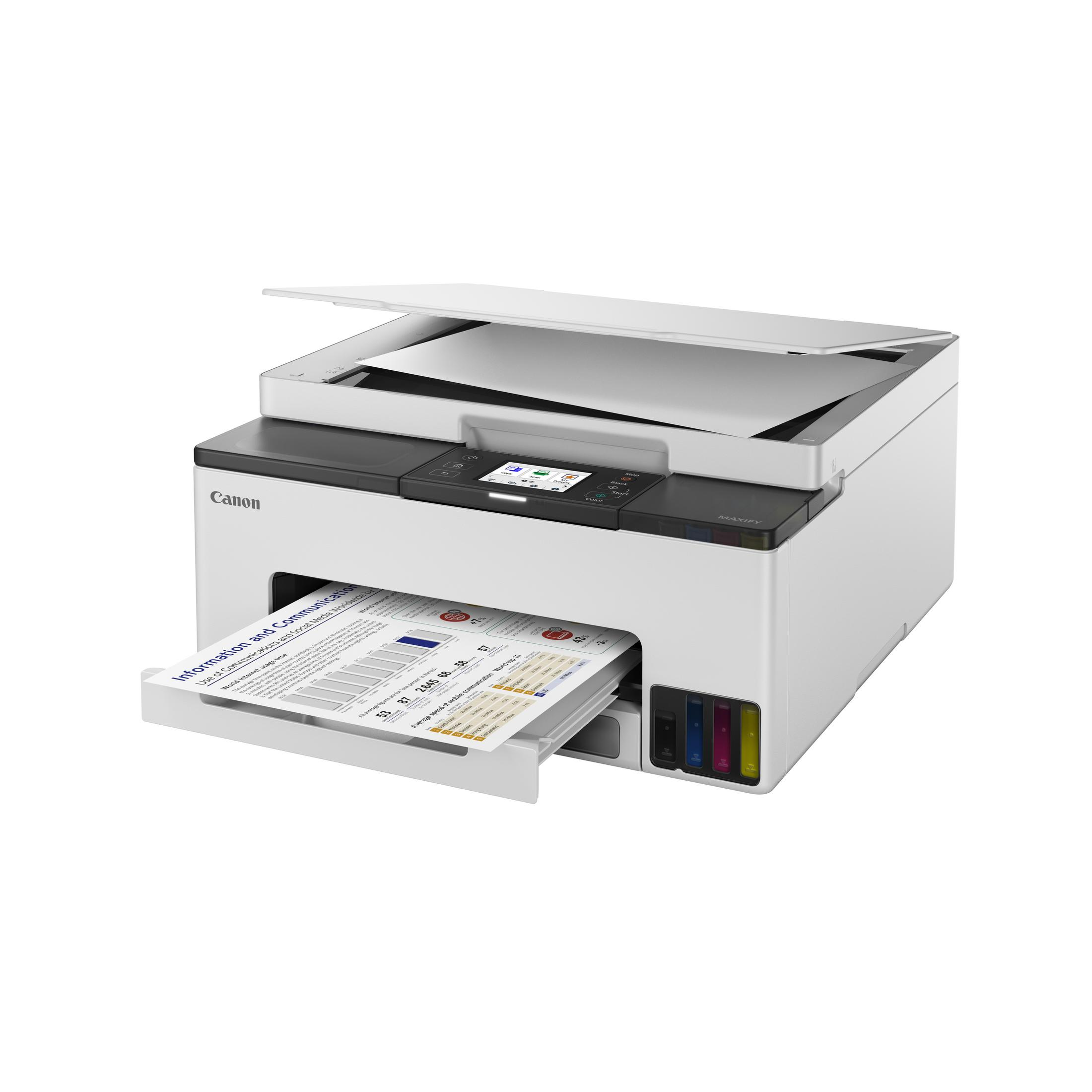 Een witte Canon MAXIFY printer met open scannerdeksel en printend papier.