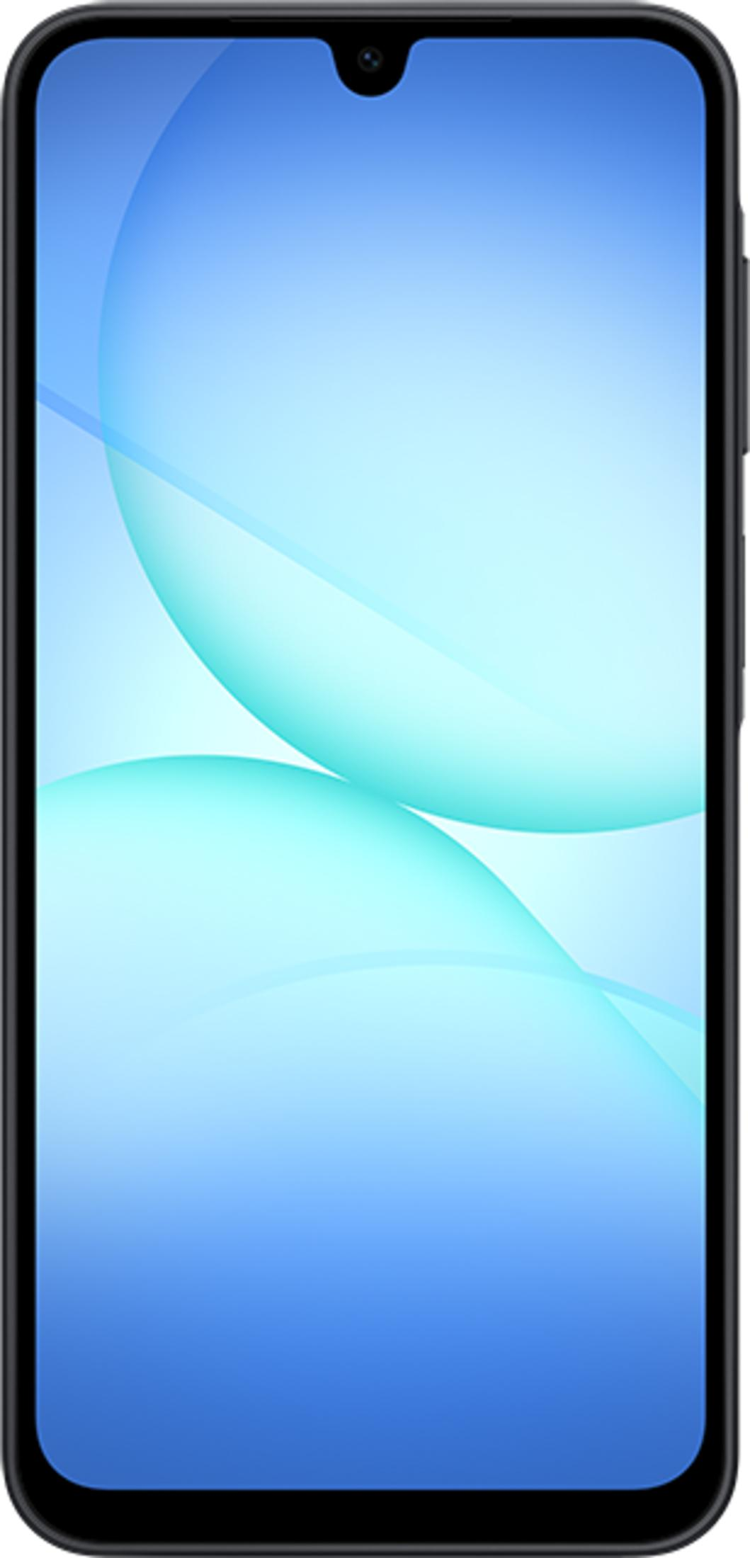 Een zwarte smartphone met een blauwe en turkooizen abstracte achtergrond.