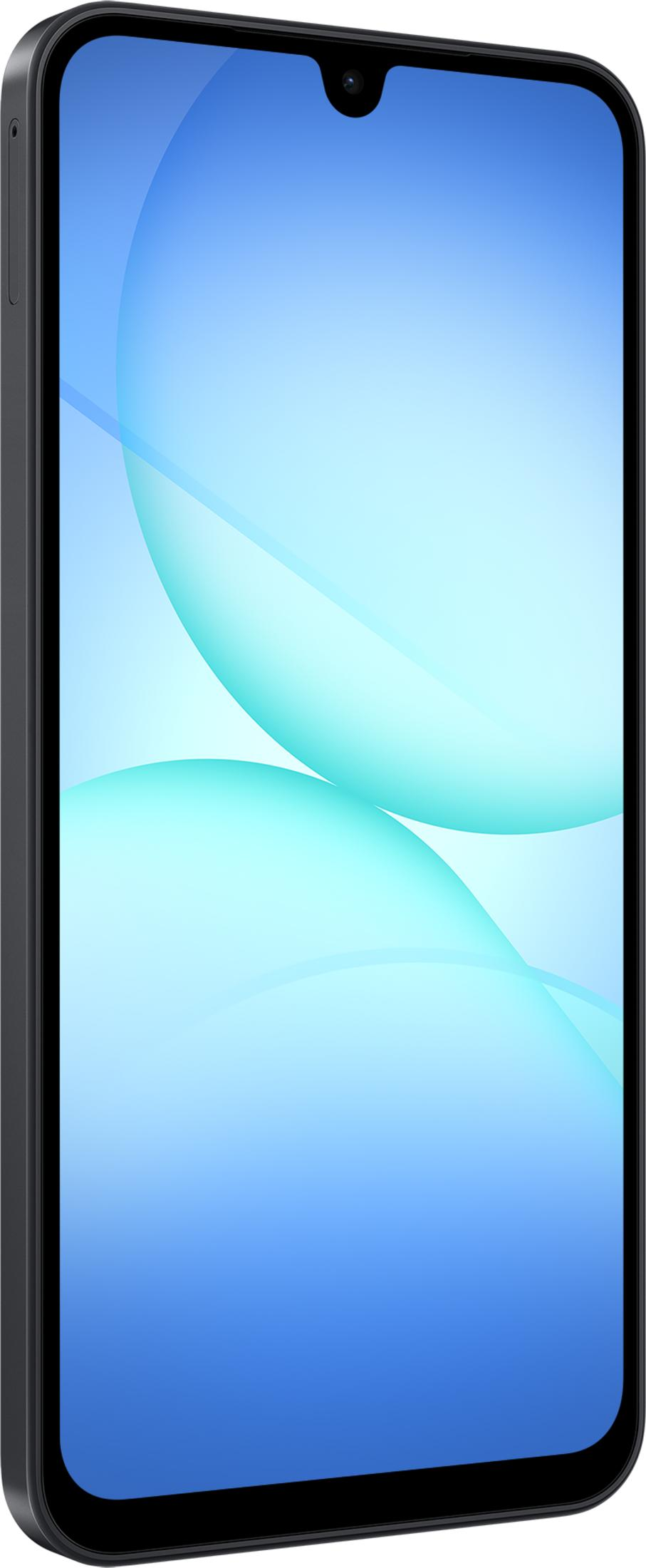 Smartphone nero con notch a goccia e sfondo blu.