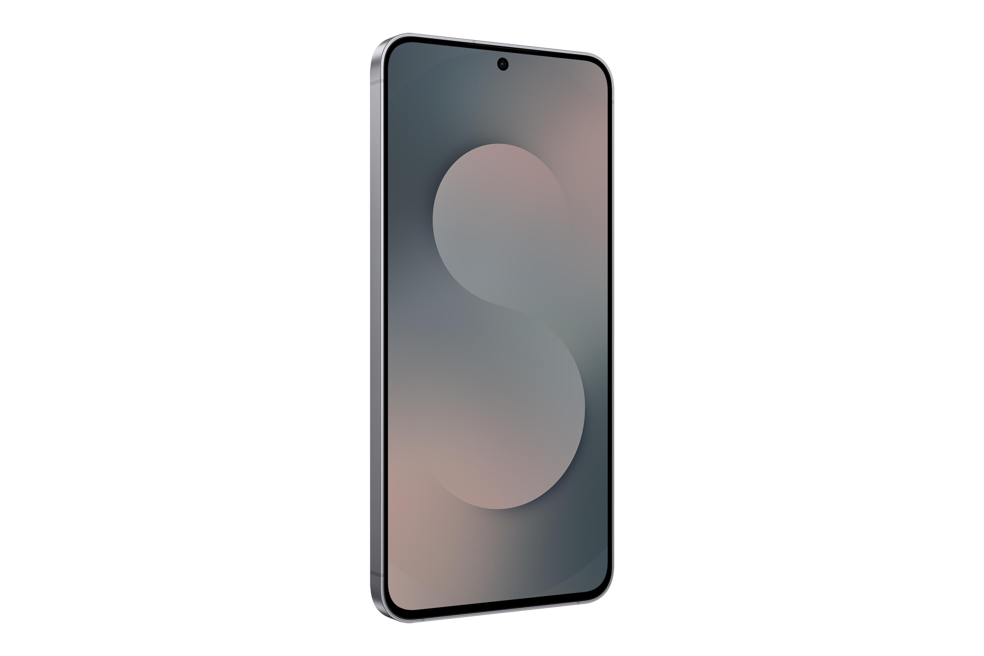 Un smartphone moderno con marco plateado y pantalla gris.