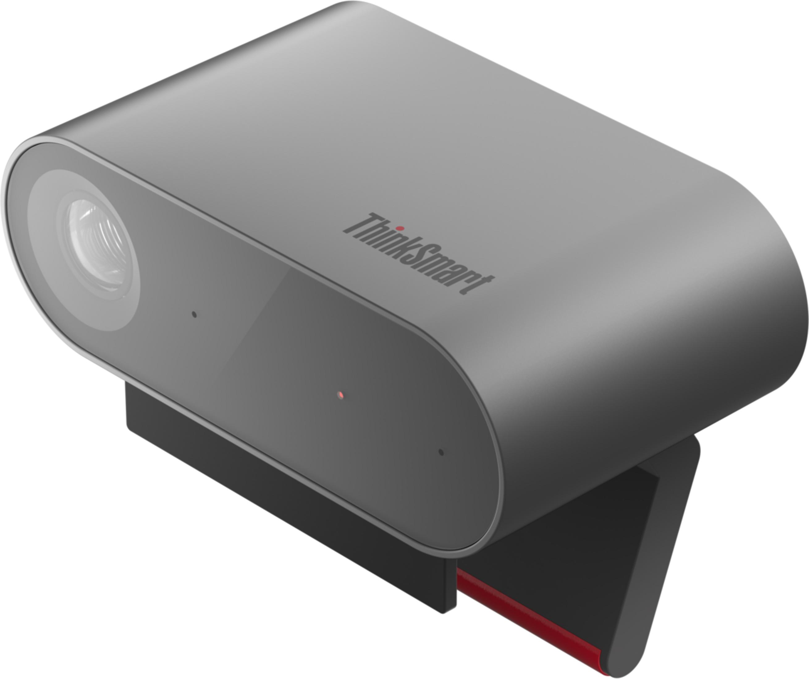 Webcam grigia con logo ThinkSmart, supporto nero e linea rossa.